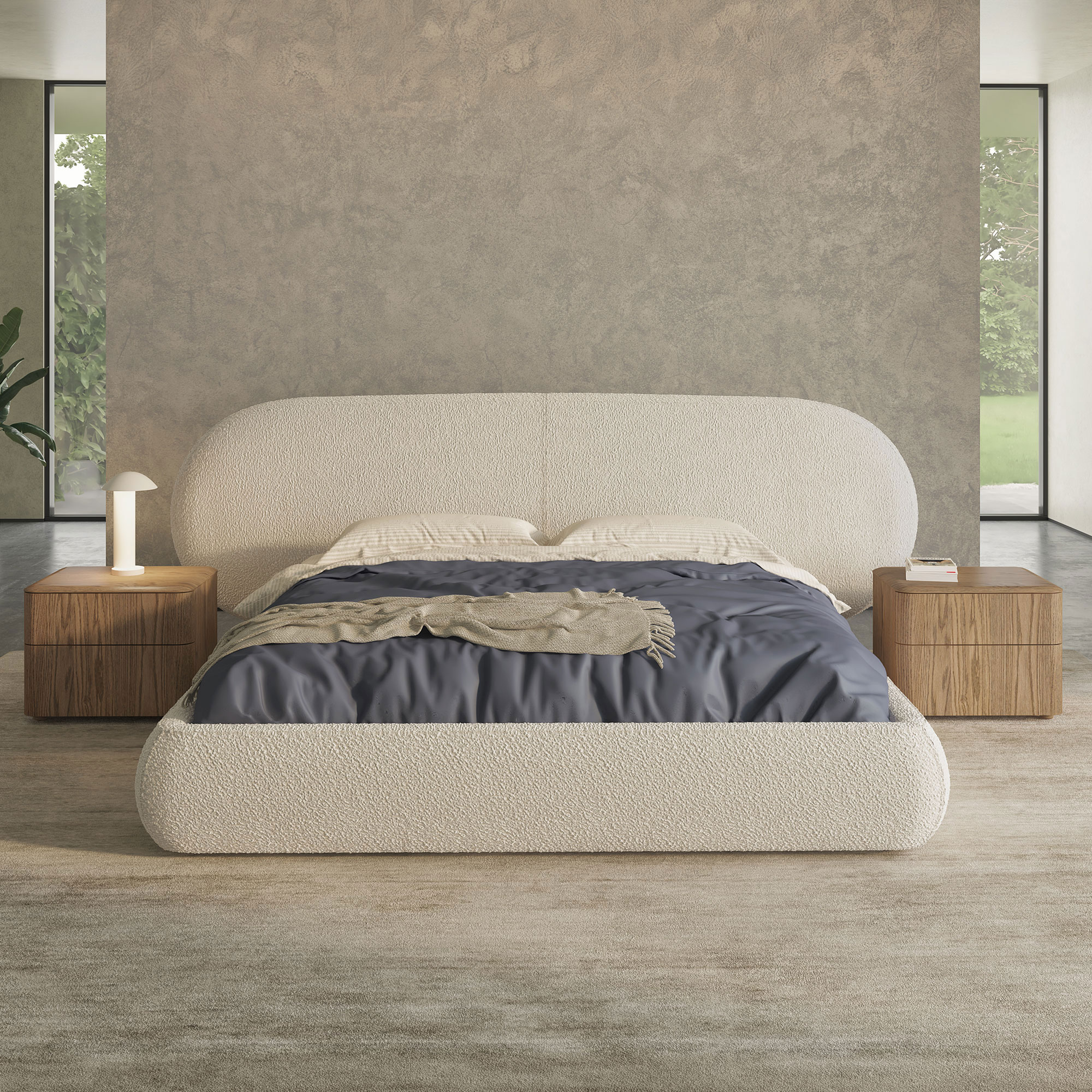 Modern Simone upholstered platform bed with soft fabric finish and minimalist design.
