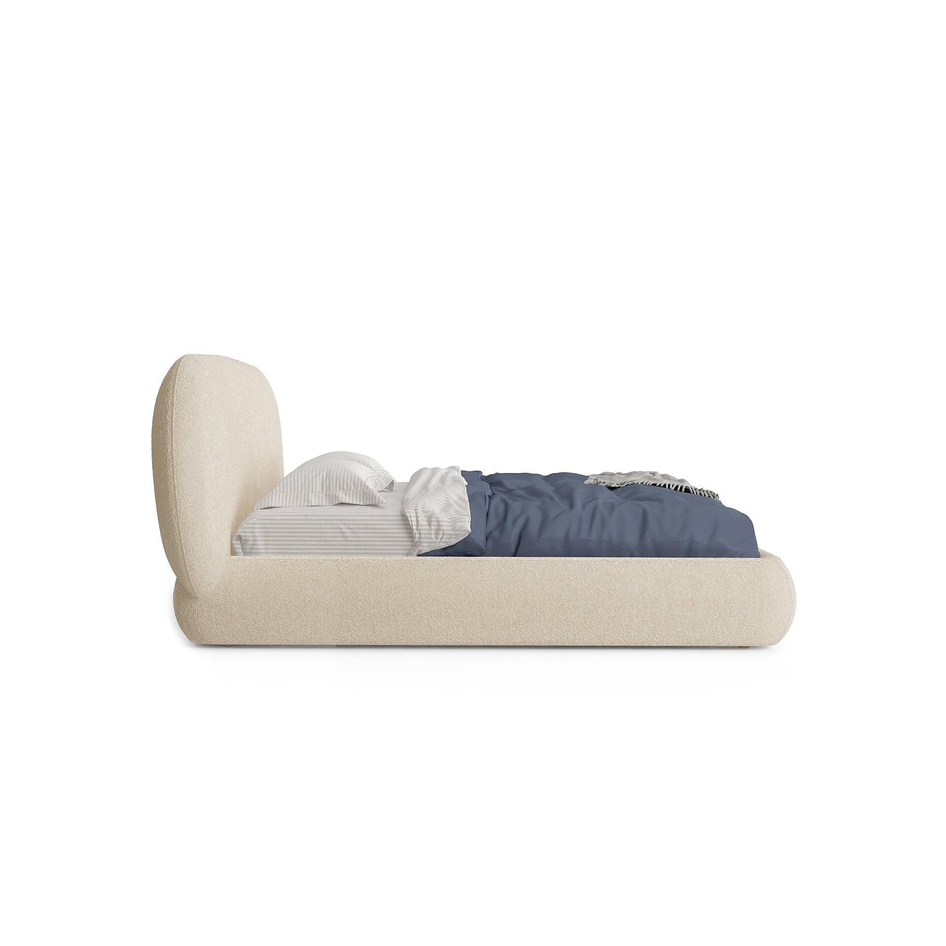 Profile view of Huppé Simone Upholstered Bed showing thick cushioned headboard and low platform base