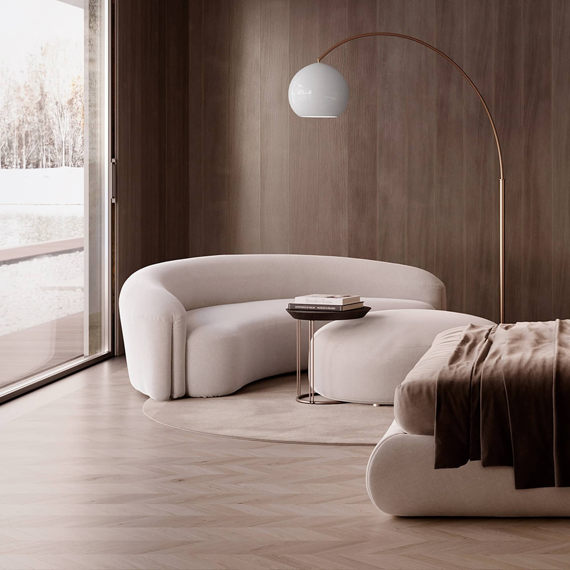 Beige Quentin Curved Upholstered Sofa styled in a warm wood-paneled room.