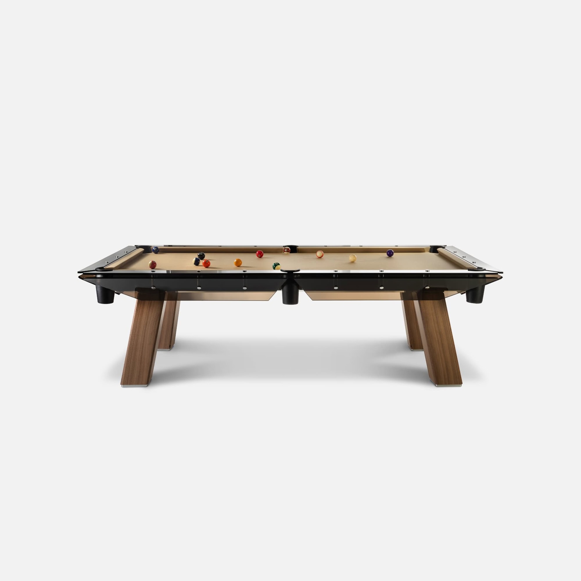 Contemporary wooden pool table with beige playing surface and sleek black accents.