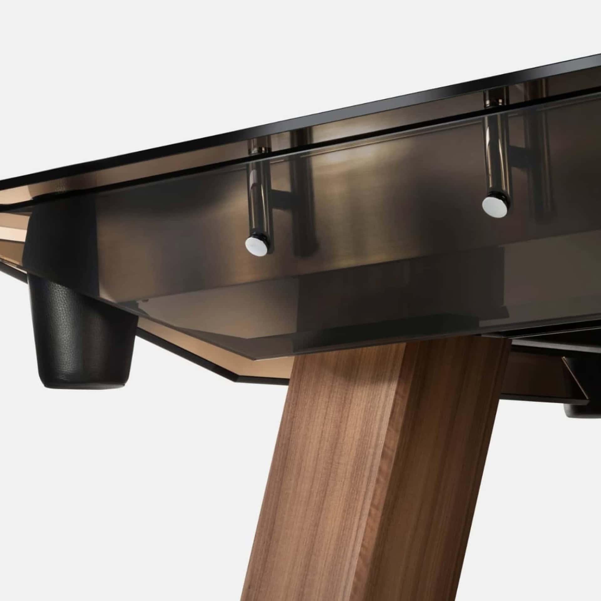 Sleek modern wood and metal desk with adjustable lighting and sturdy legs for contemporary workspace.