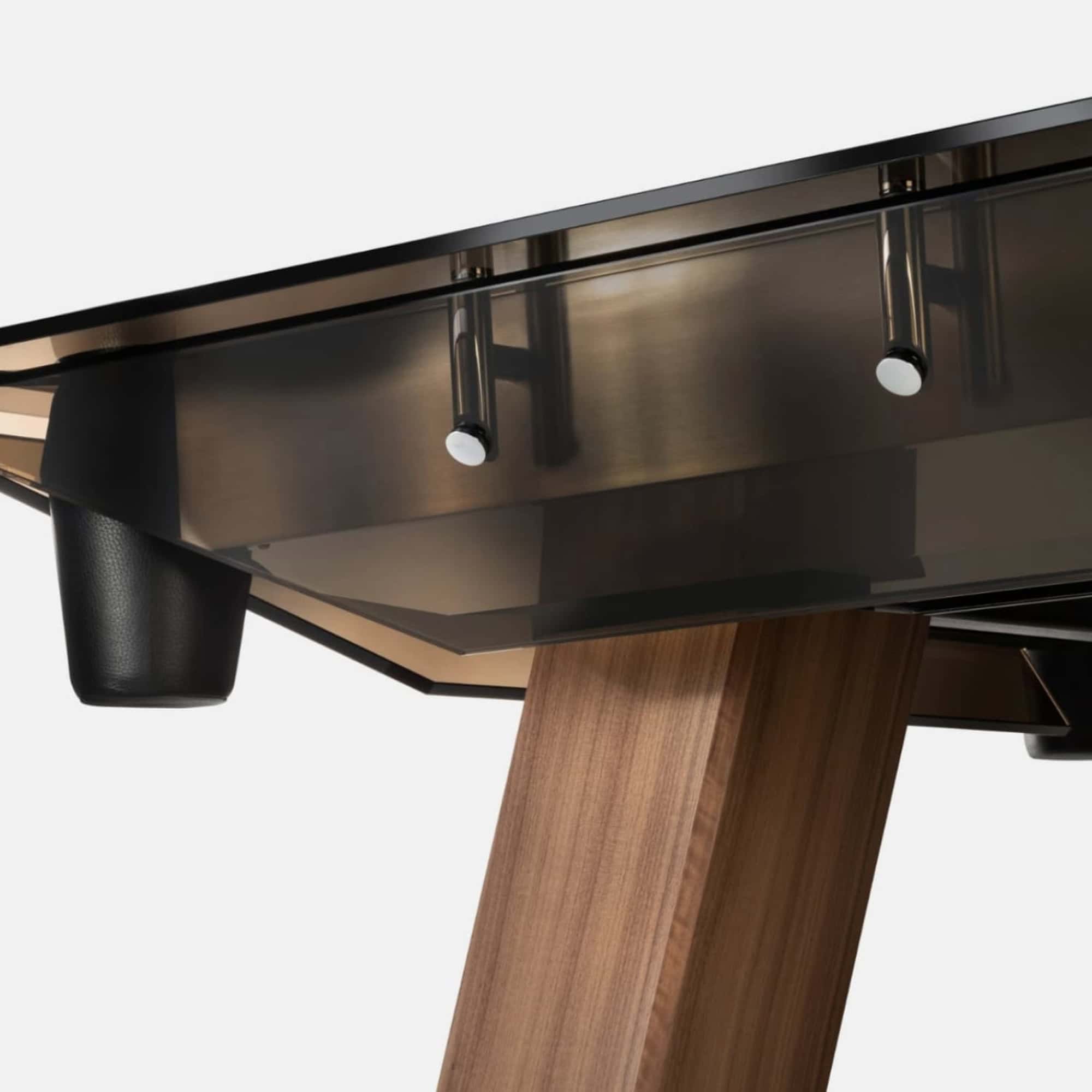 Sleek modern wood and metal desk with adjustable lighting and sturdy legs for contemporary workspace.