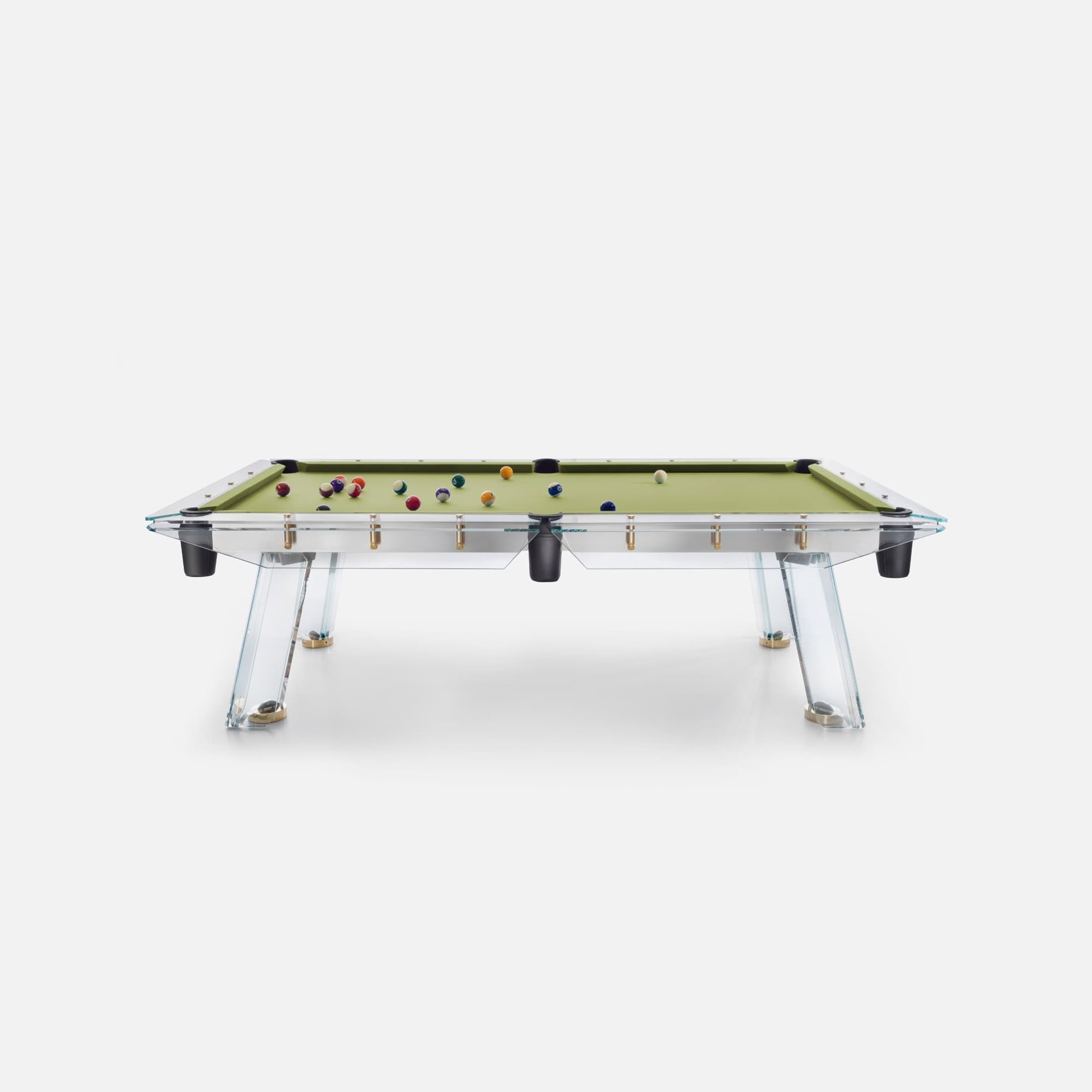 Luxurious modern pool table with glass finish and sleek design for entertainment and game rooms.