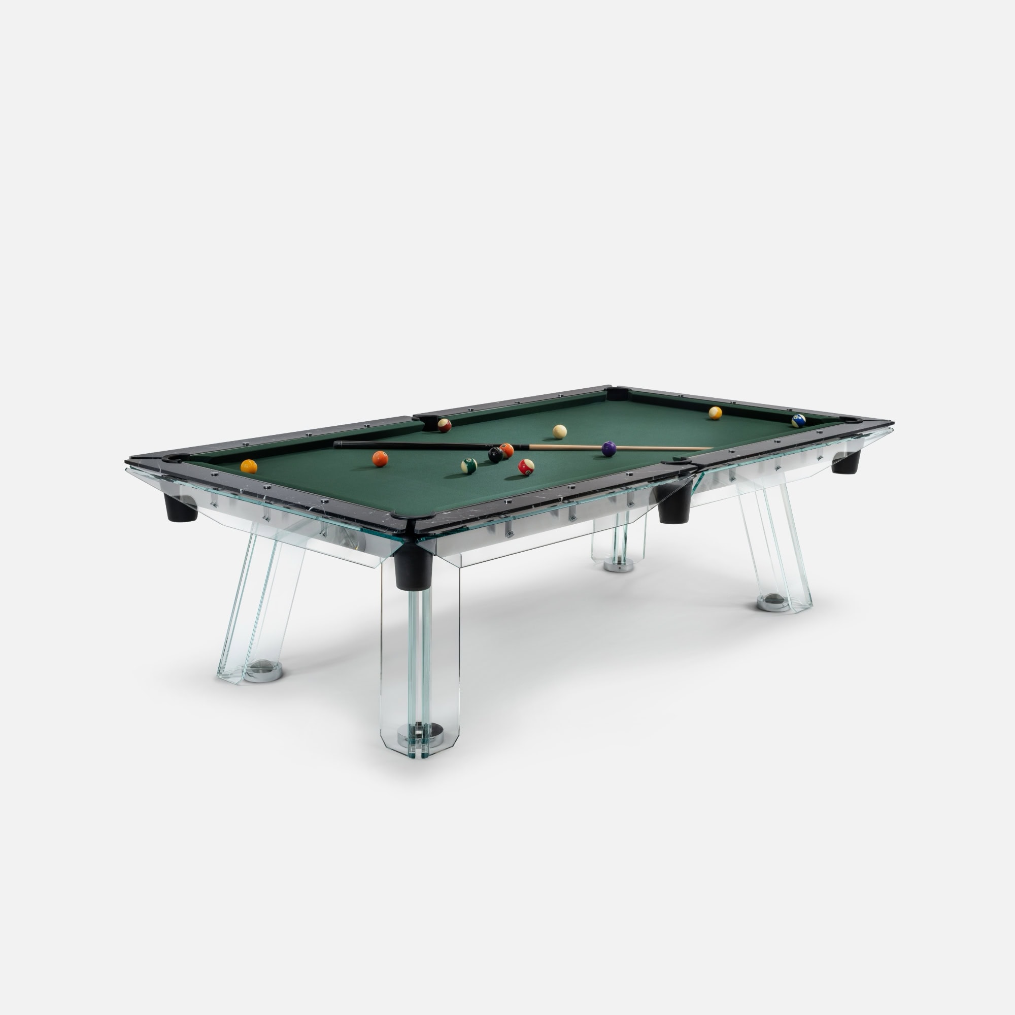 Modern glass pool table with sleek design and vibrant felt surface.