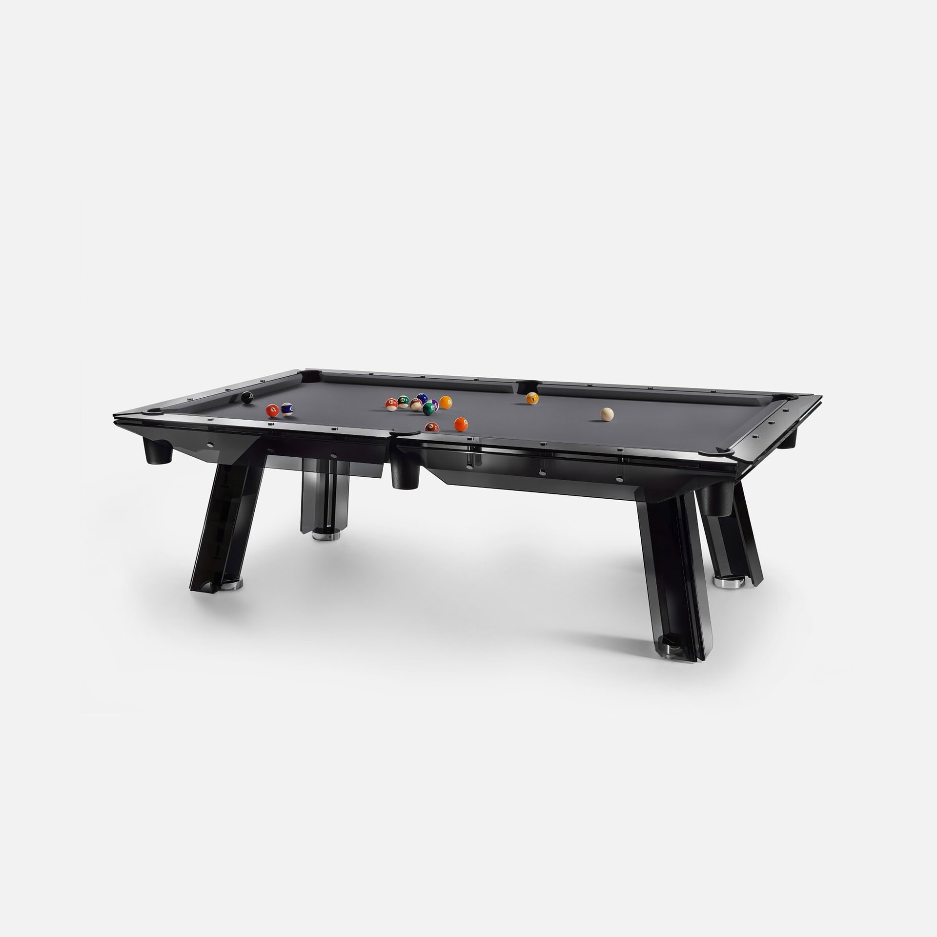 Contemporary black pool table with sleek design and premium finish.