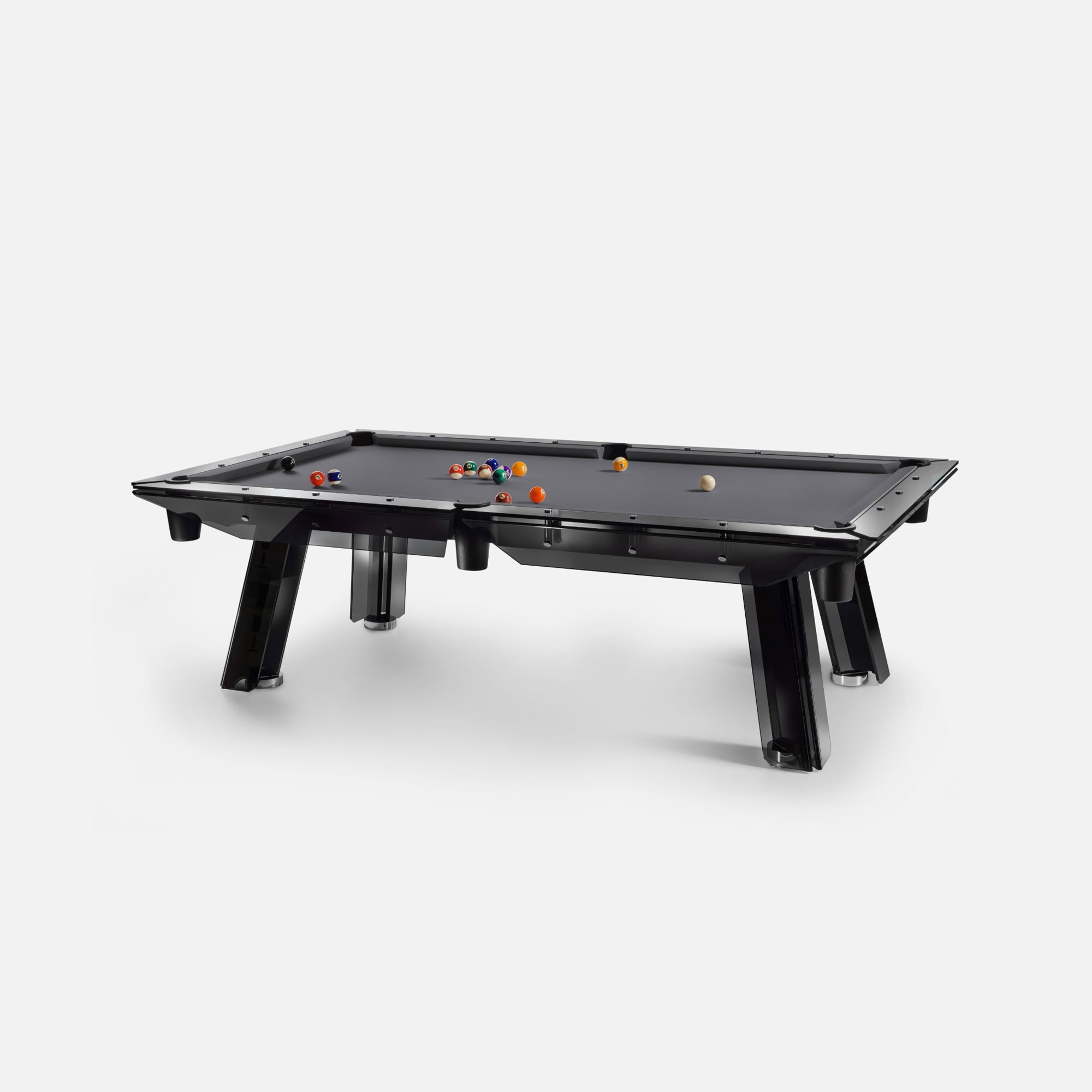 Contemporary black pool table with sleek design and premium finish.