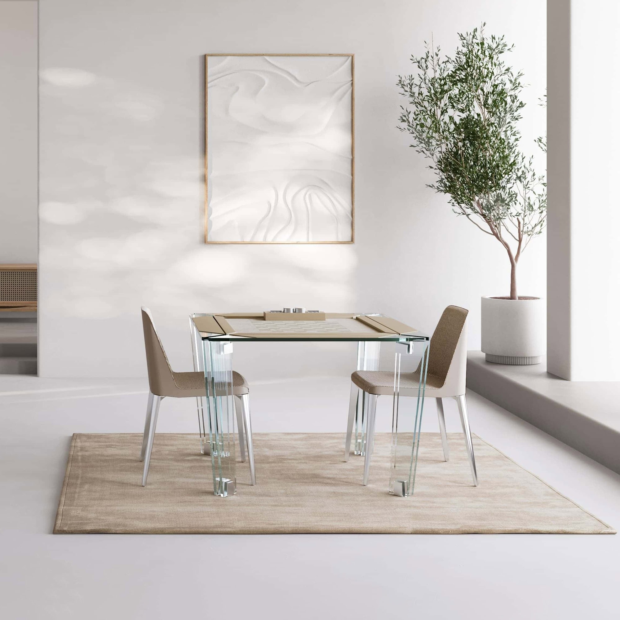 Impatià Tuttuno Glass Multi-Game Table styled as a dining table in a contemporary setting
