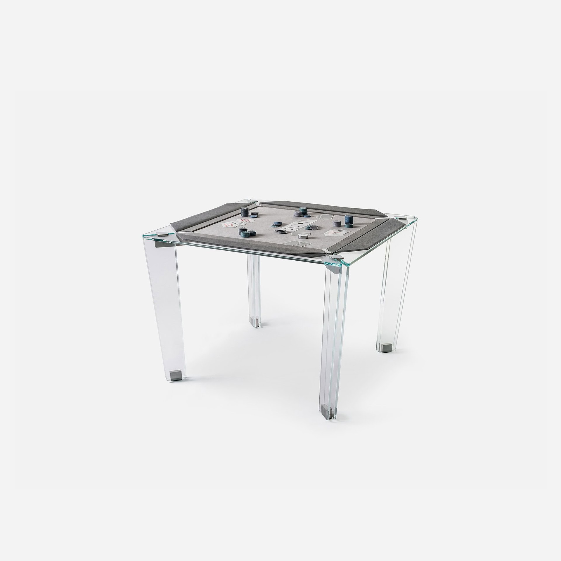 Bold, modern collapsible game table with glass legs and contemporary design.