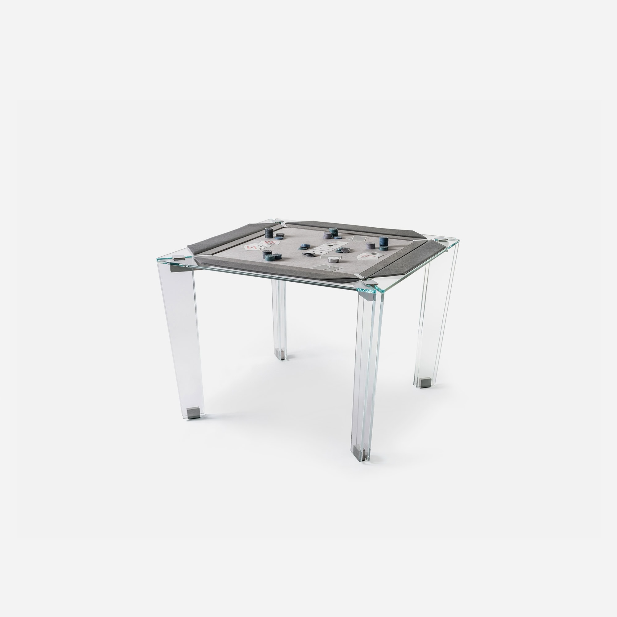 Bold, modern collapsible game table with glass legs and contemporary design.