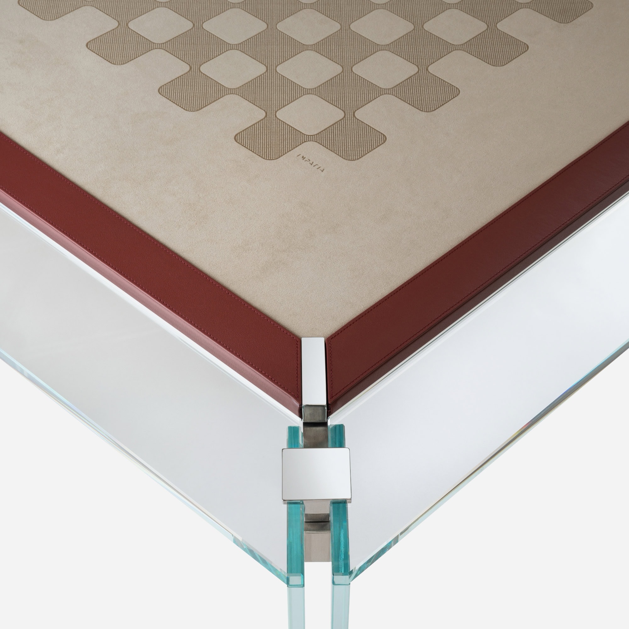 Luxurious modern glass bed frame with red leather accents and sleek metal corner details.