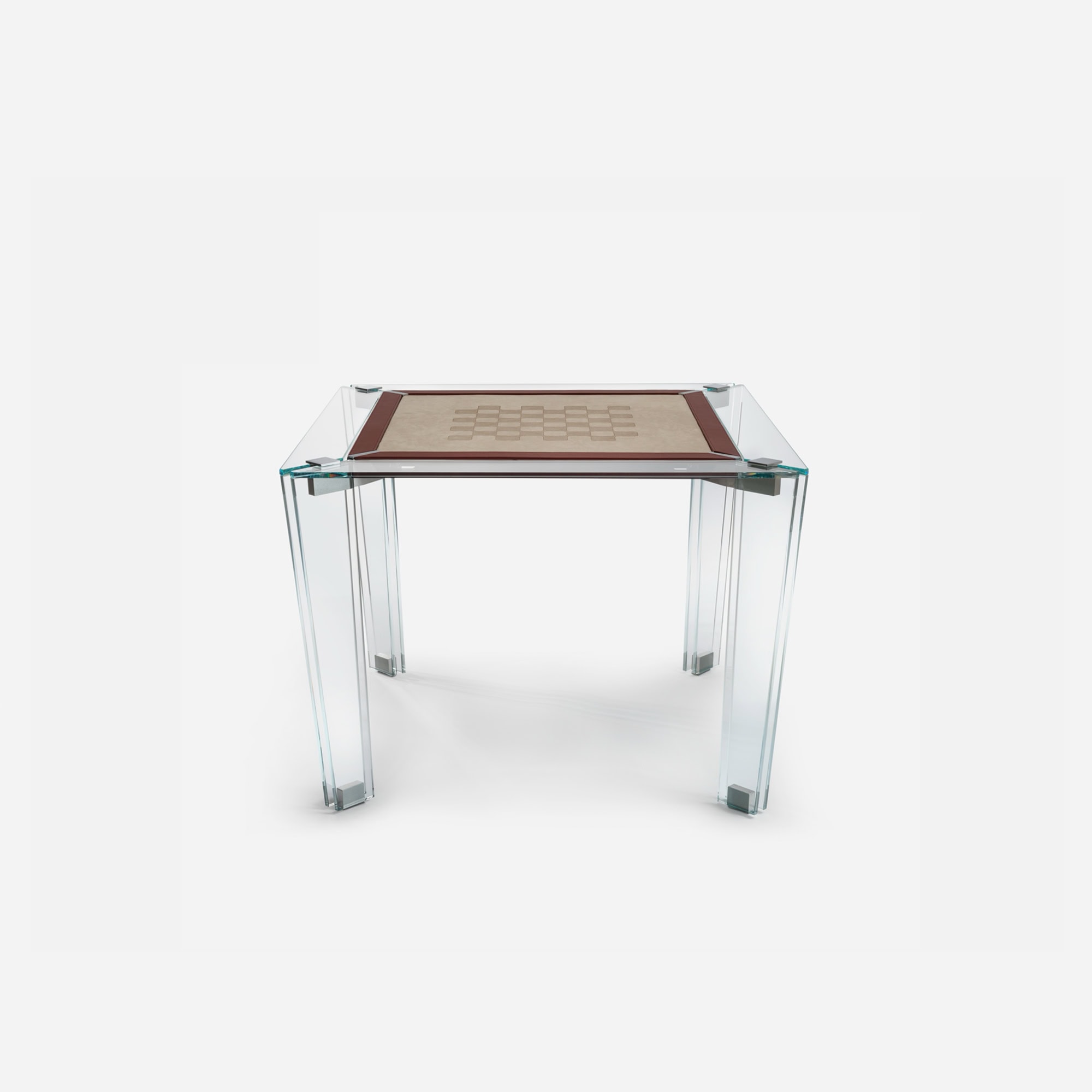 Sleek glass side table with chessboard top, modern acrylic legs, perfect for contemporary living spaces.