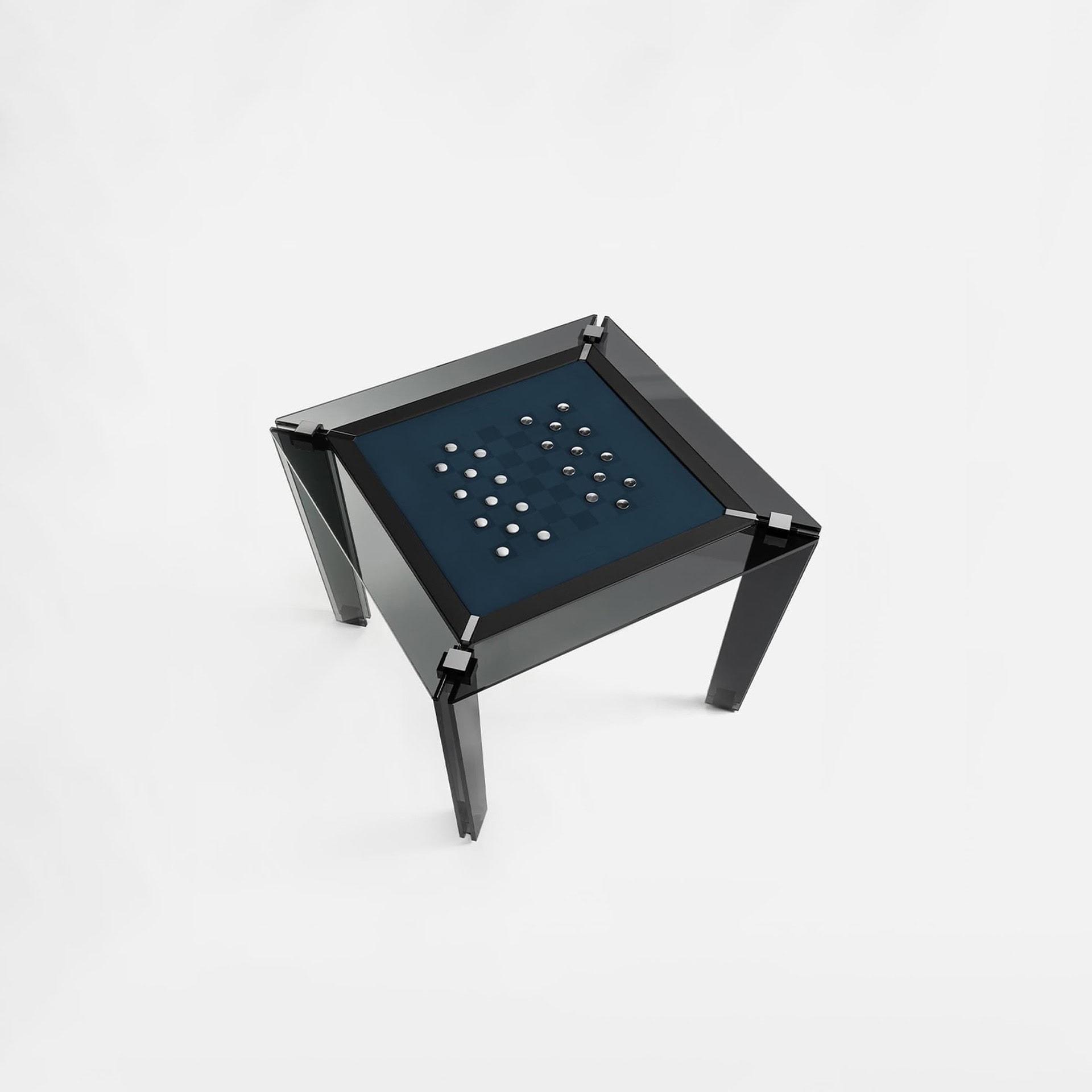 Sleek modern glass-top gaming table with stylish black frame and silver accents.