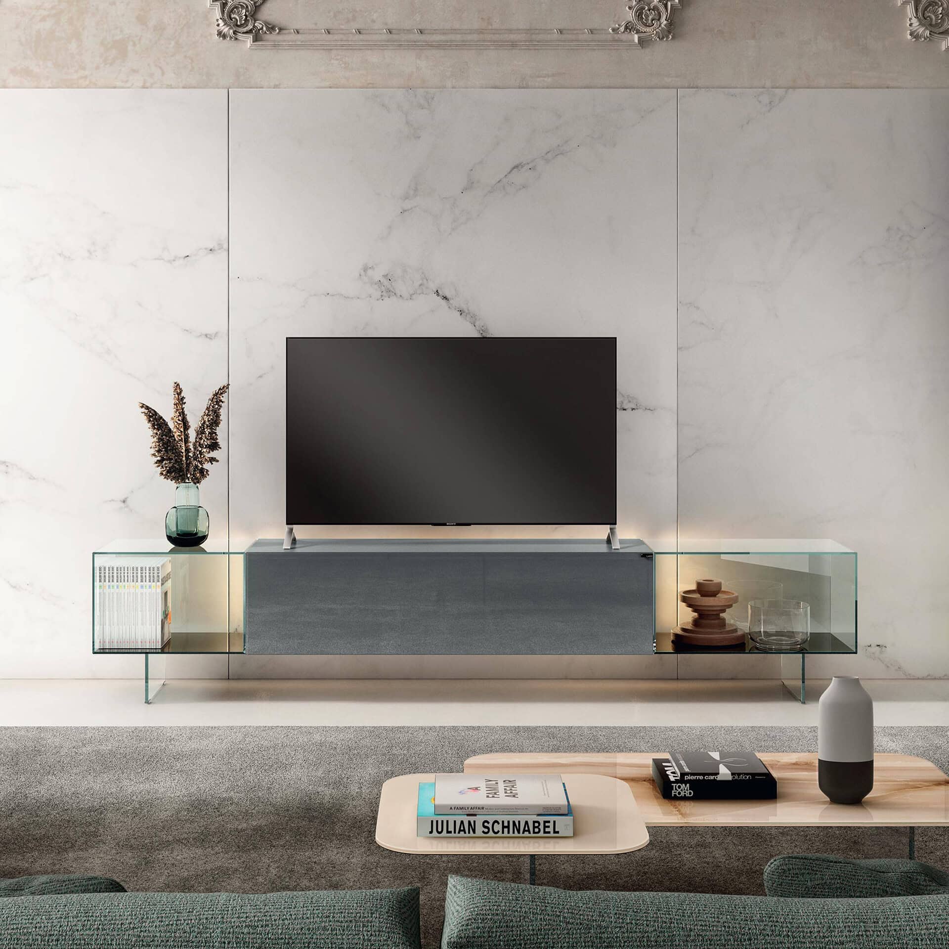 Modern minimalist living room with sleek TV stand and decorative accents.