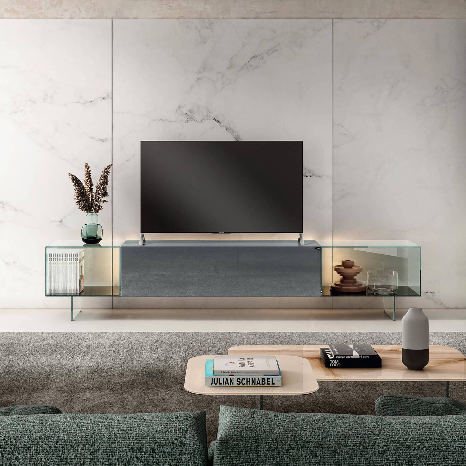 Modern minimalist living room with sleek TV stand and decorative accents.