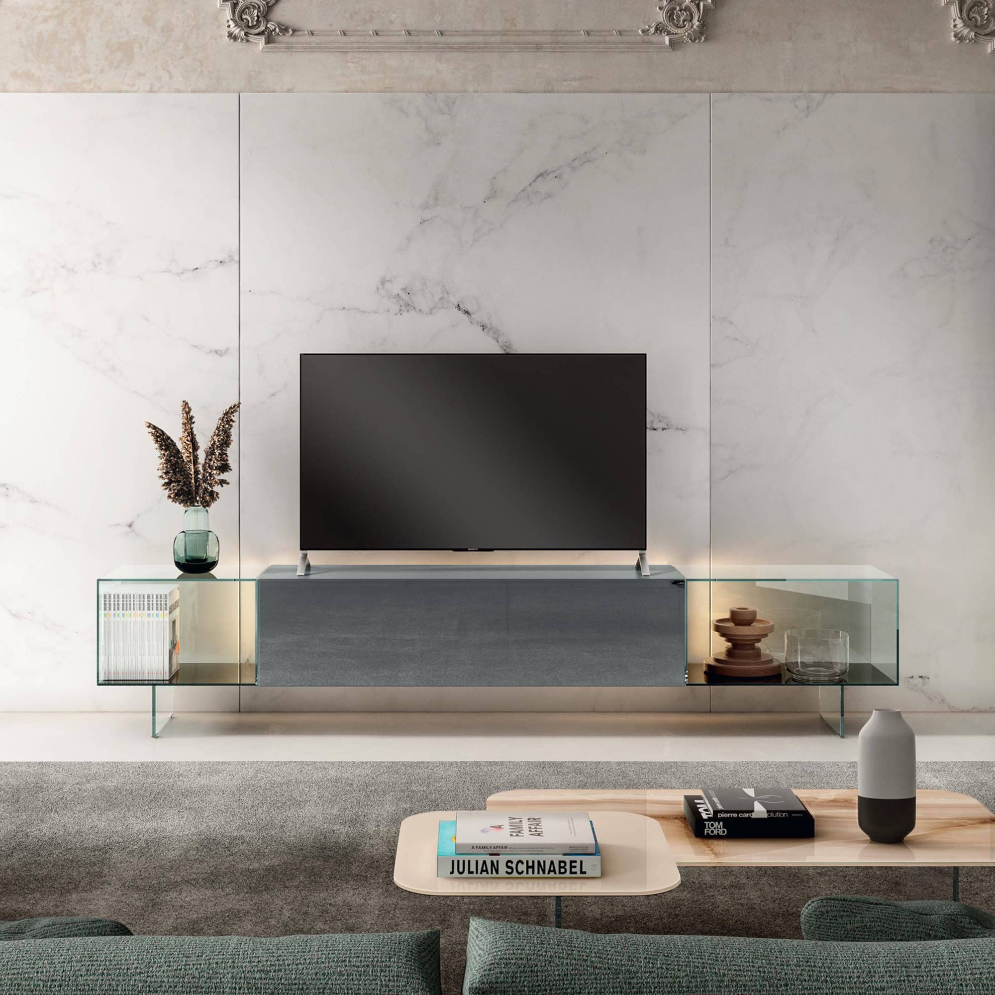 Modern minimalist living room with sleek TV stand and decorative accents.