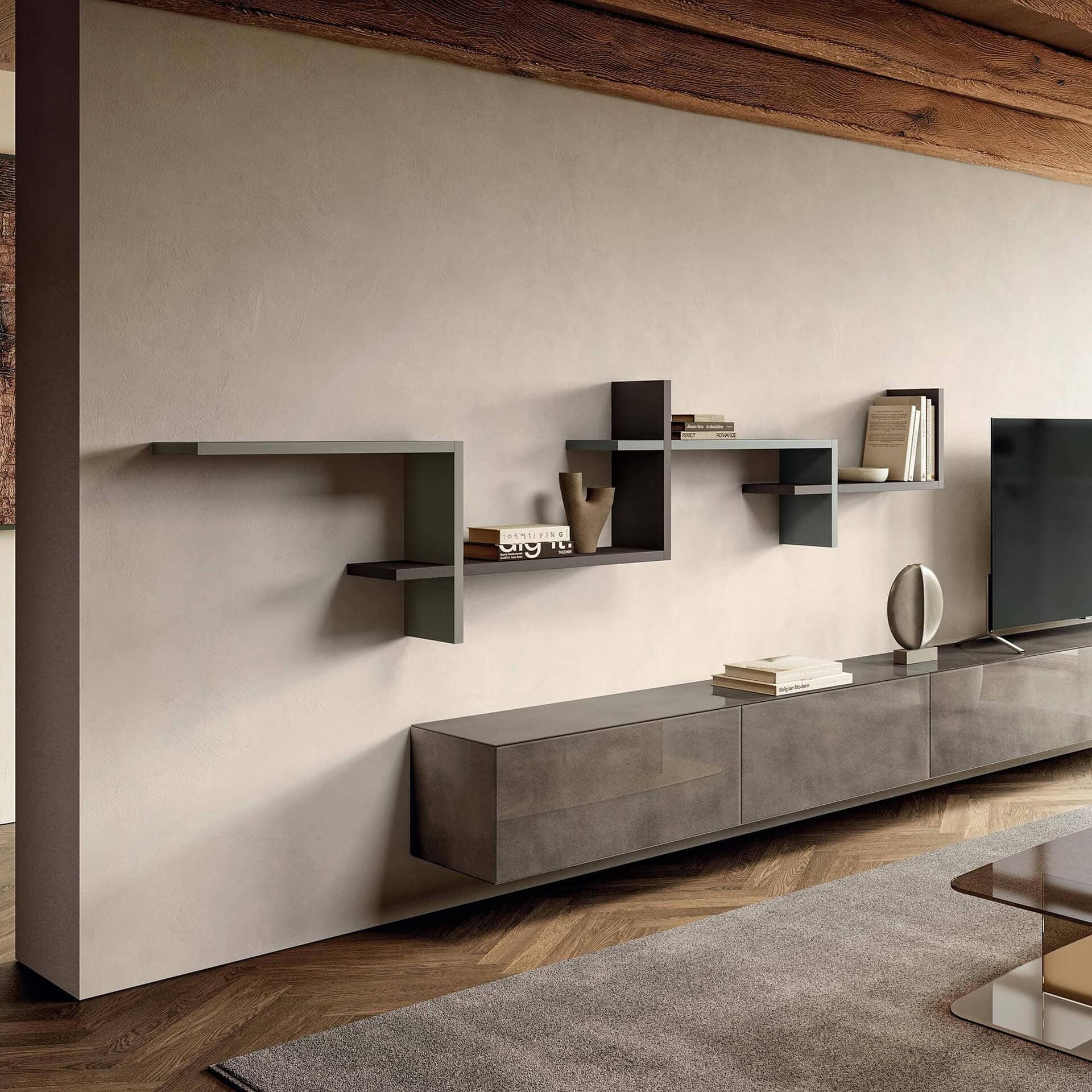 Contemporary wall-mounted shelving unit with storage and display space.