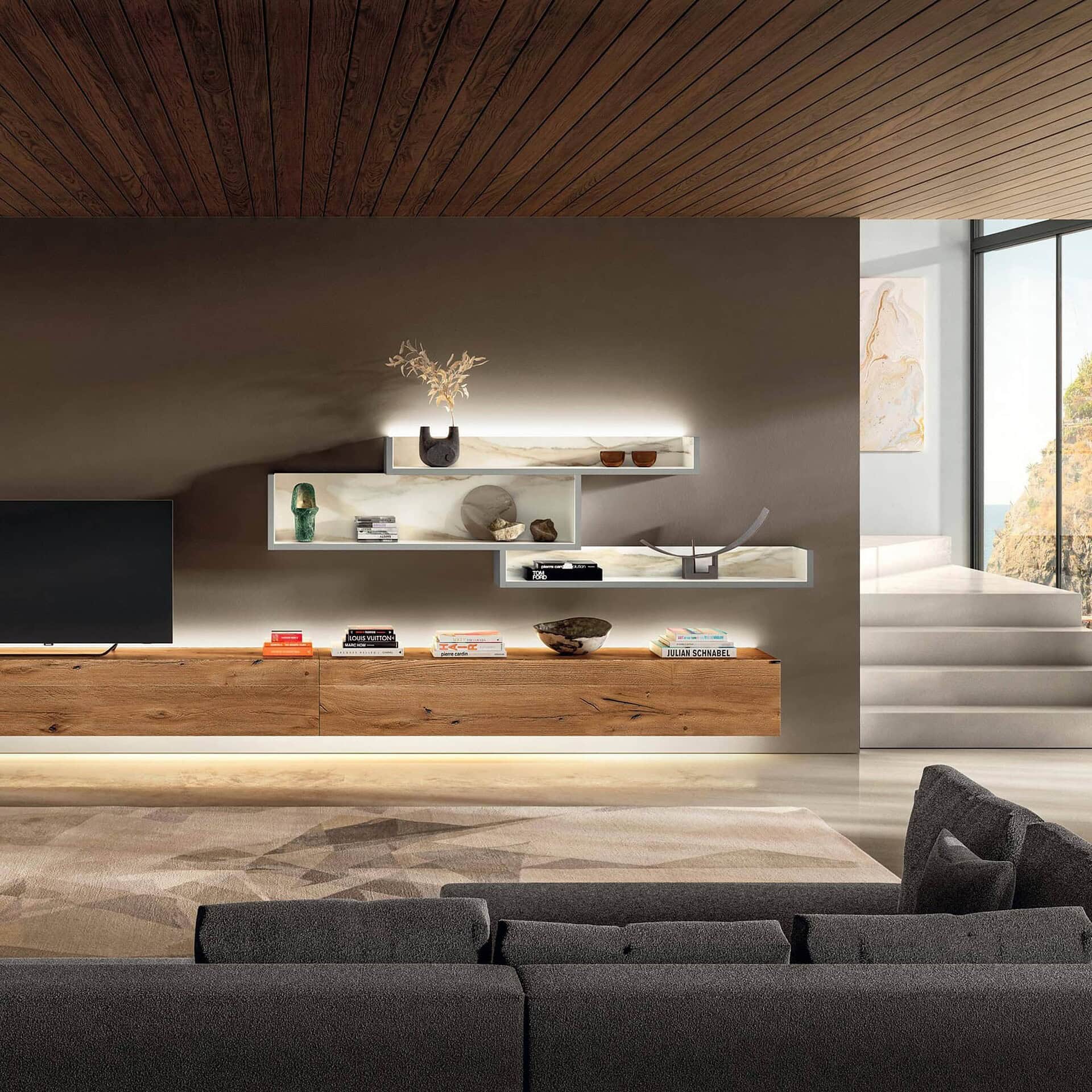 Sleek modern living room with minimalist wall-mounted shelving and natural wood accents.