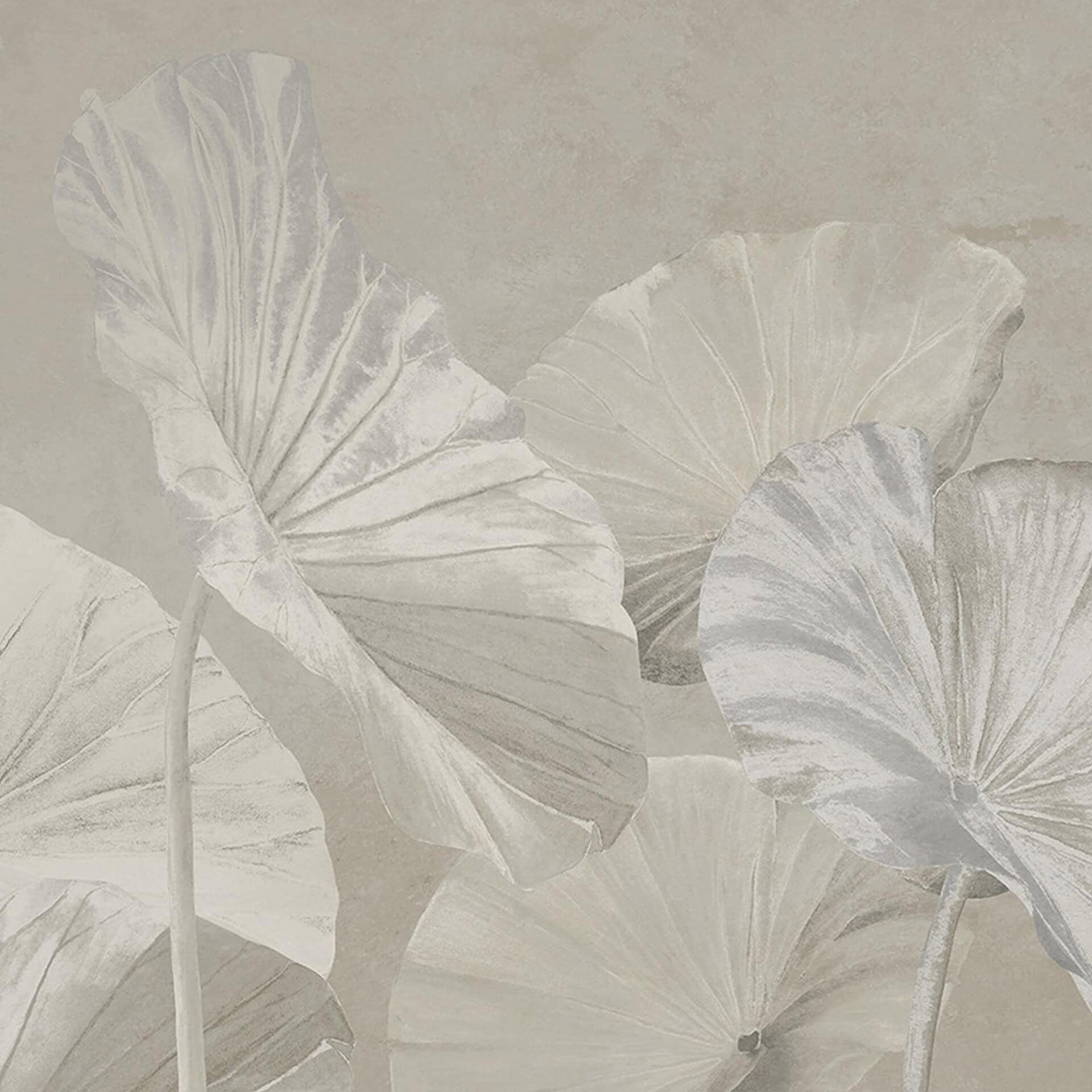 Close-up of Naiadi Wallpaper in slate blue and graphite — dark, moody tones with layered leaf textures for dramatic contrast.