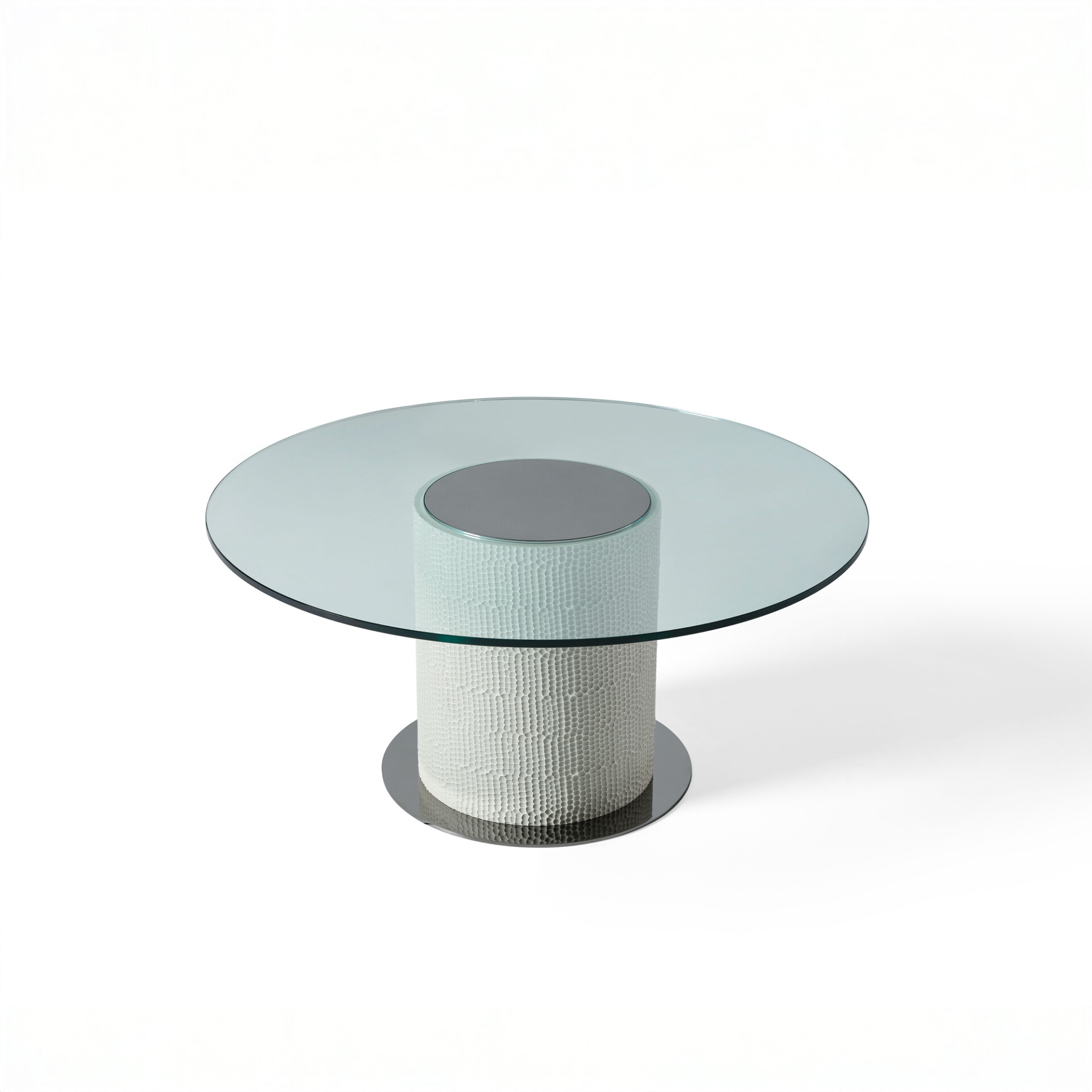 Sahara Round Glass Dining Table with clear glass top and textured cylindrical base