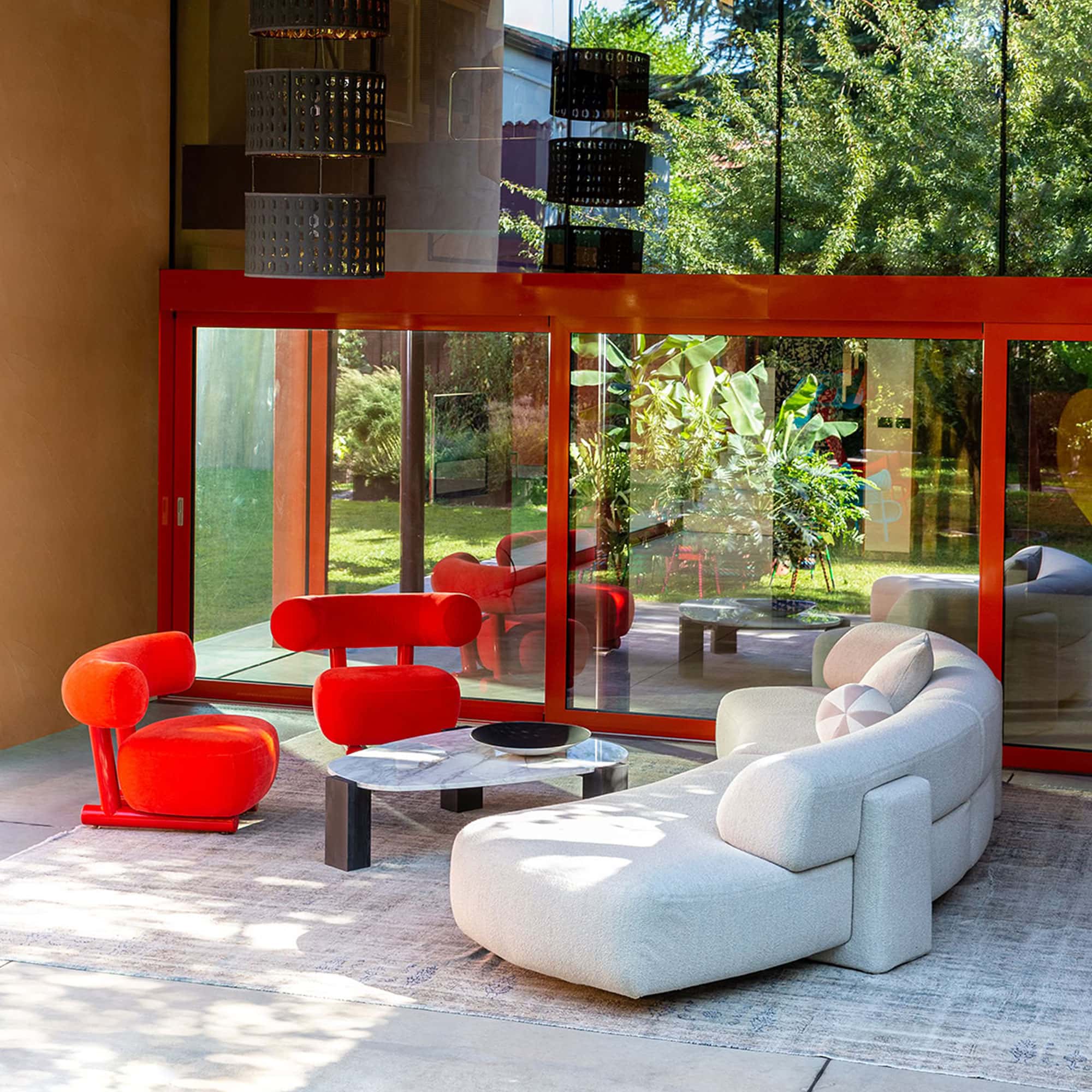 a living room with a couch and a table