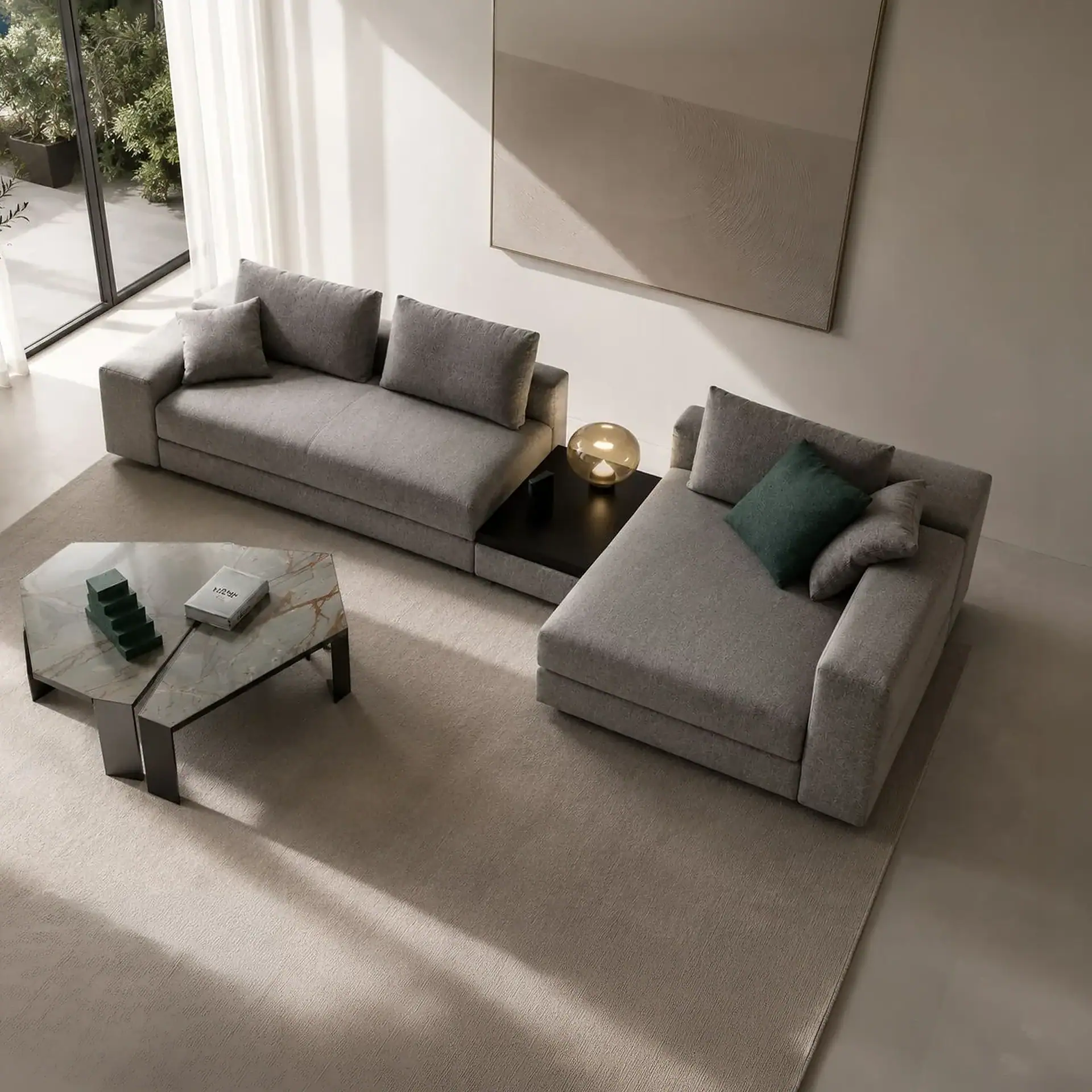Modern Kuba Plain Modular Sectional Sofa in gray fabric. Perfect for contemporary living rooms.