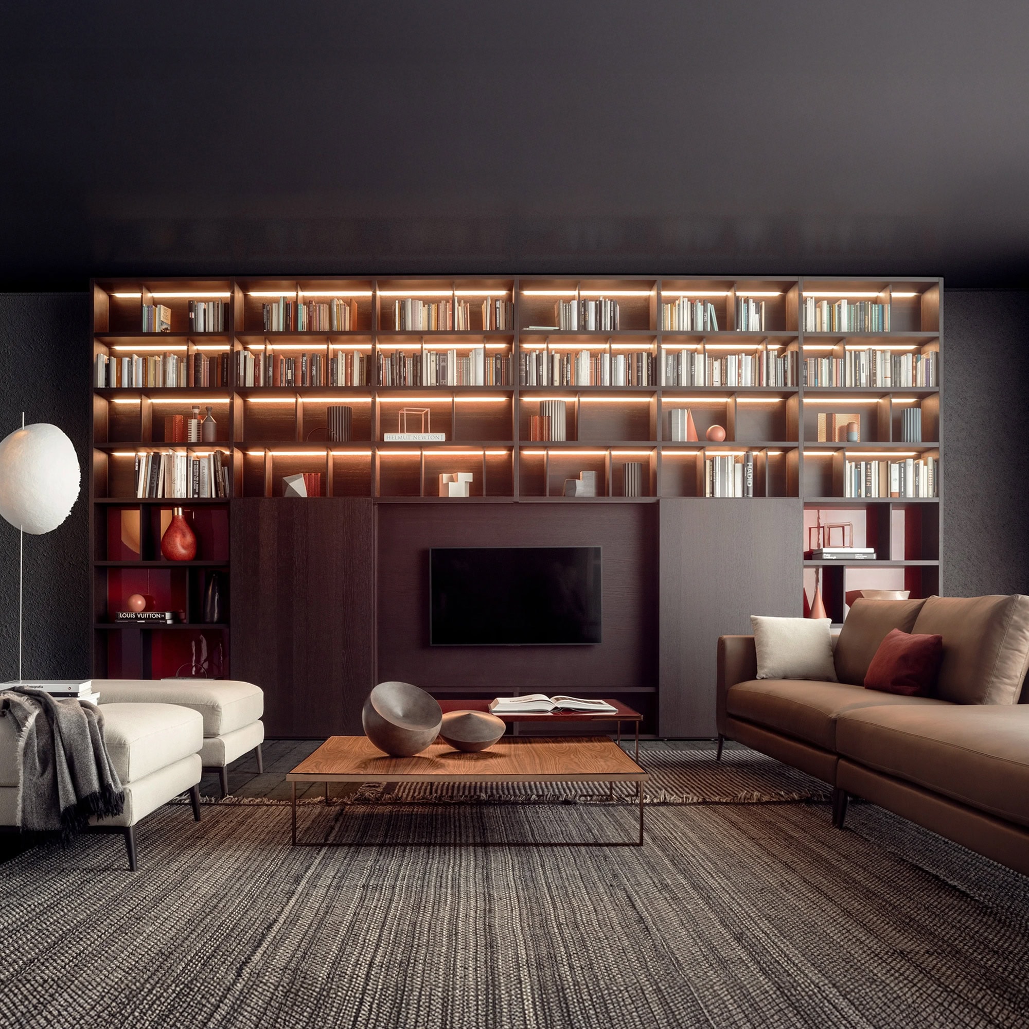 Warm-toned Pianca Spazioteca wall system with integrated lighting and floating shelves around TV area