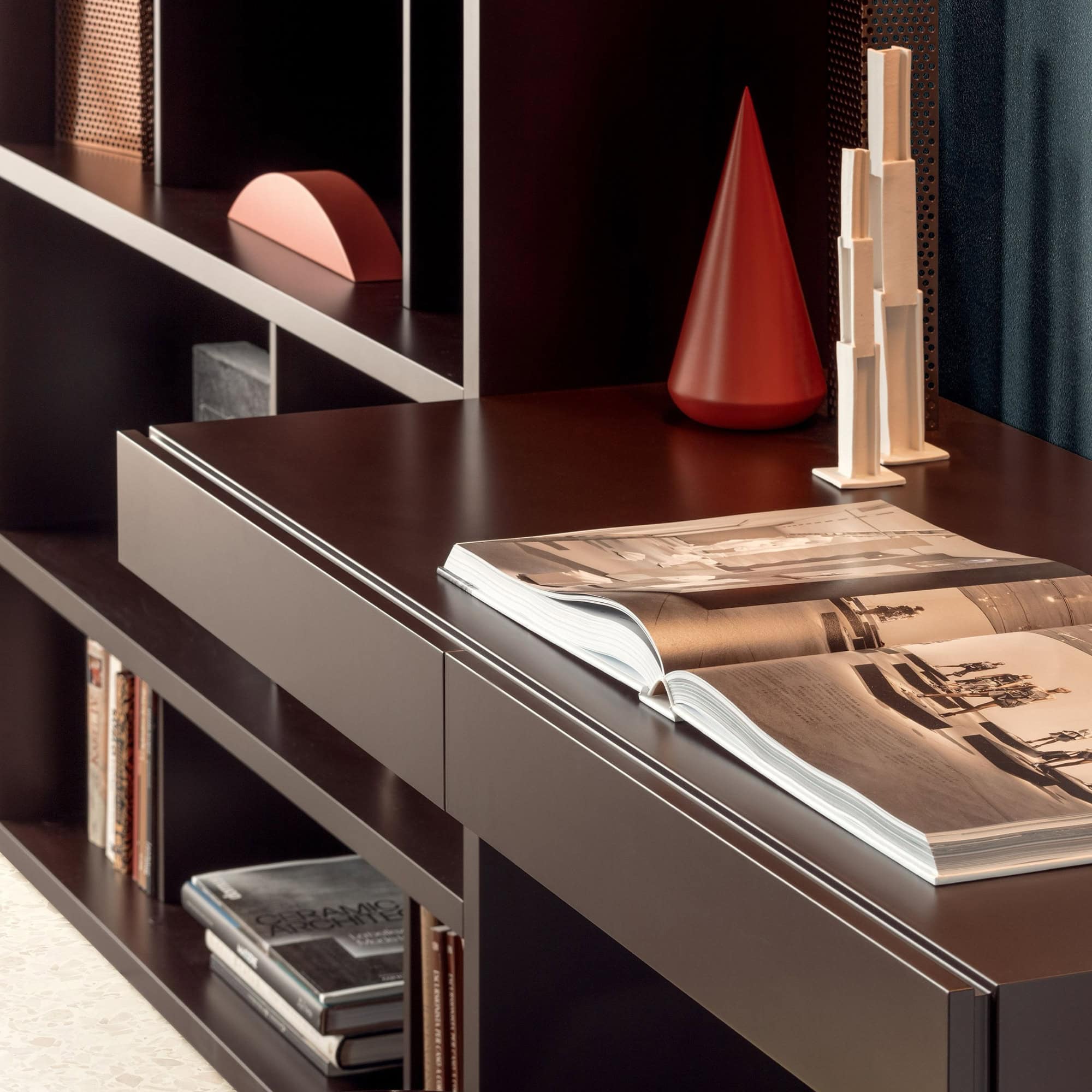 Desk and drawer detail of the Pianca Spazioteca Modular Wall Unit in walnut finish
