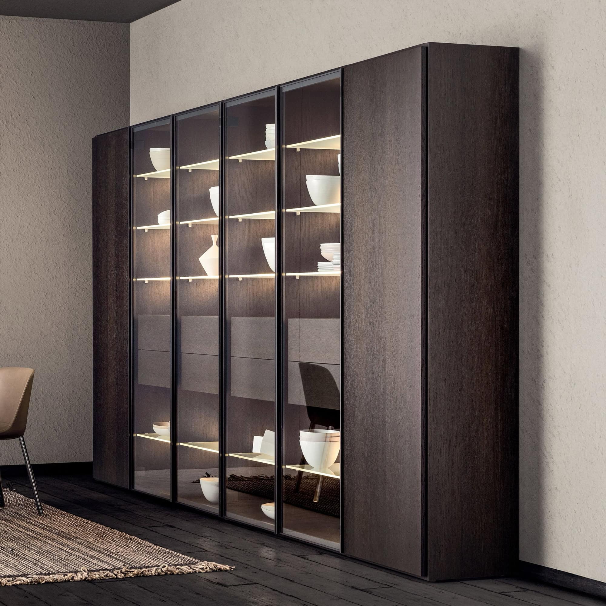 Pianca Spazioteca tall cabinet composition with glass doors and integrated lighting