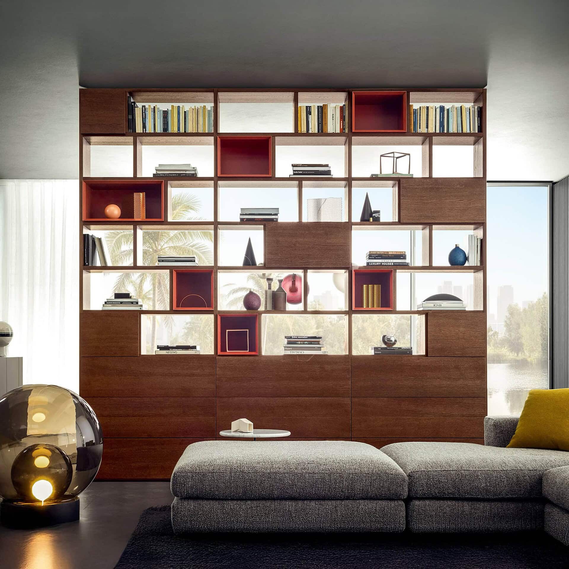 Pianca Spazioteca Modular Wall Unit with wood finish and open shelving in a modern living room