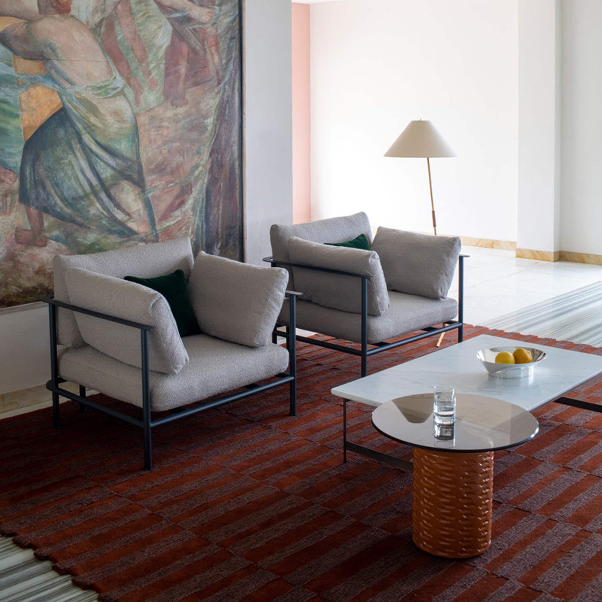 Hishi Glazed Ceramic Side Table in quartz pink finish with geometric bas-relief base and round bronze tempered glass top.