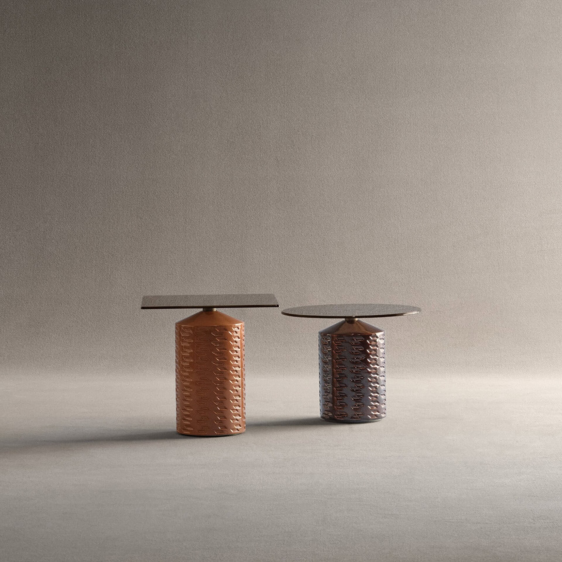 Hishi Glazed Ceramic Side Tables in peach and black finishes with bronze glass tops, shown in tall and low height variations.