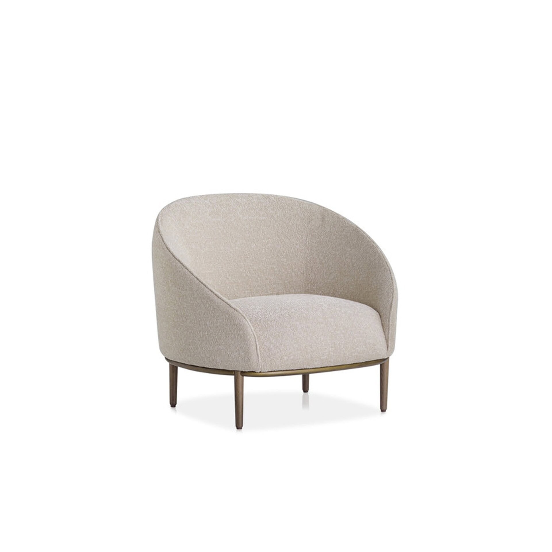 Studio view of Yoisho Upholstered Armchair highlighting curved back and wooden legs.