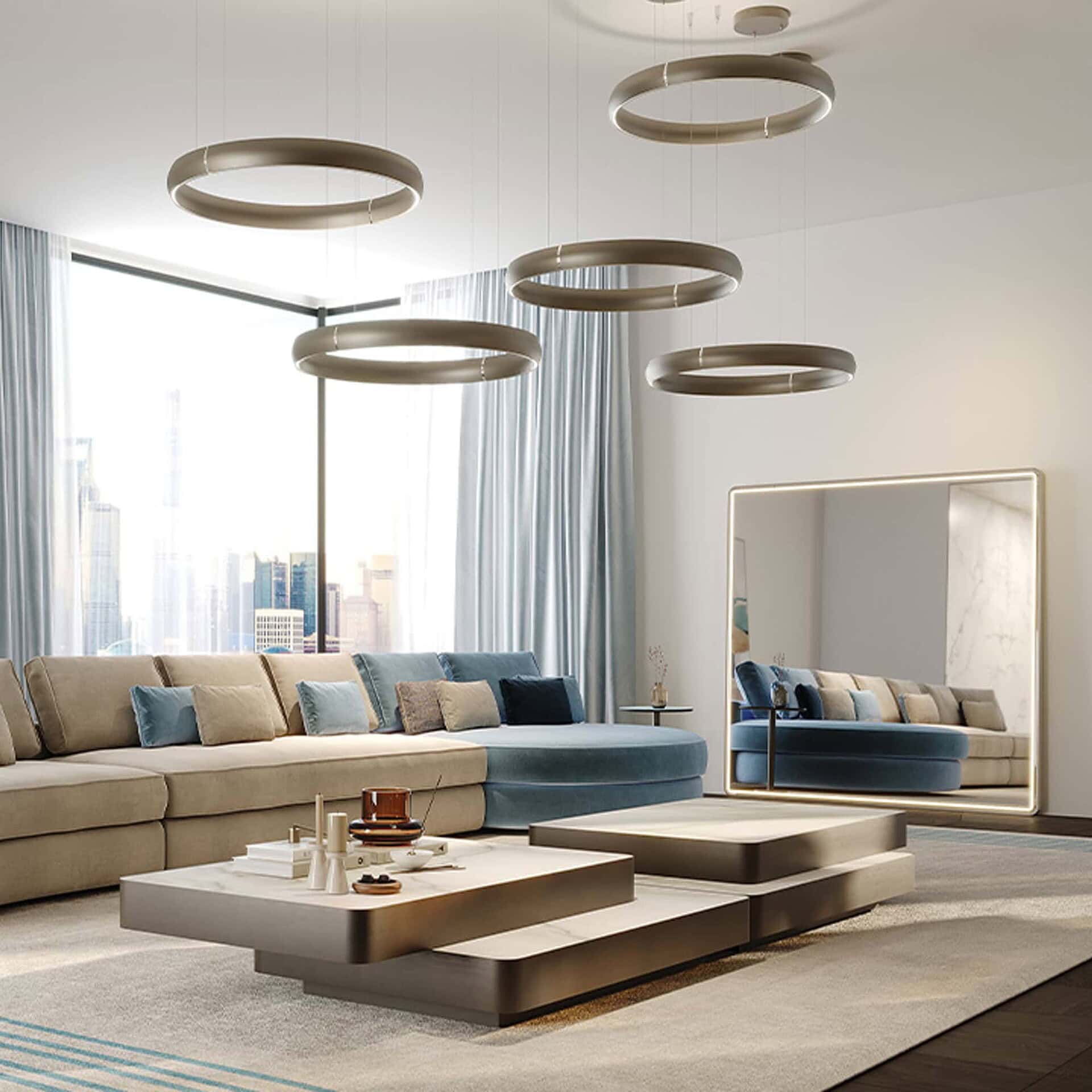 Wide view of the Cerchio Ring Suspension Light illuminating a spacious dining and living area.