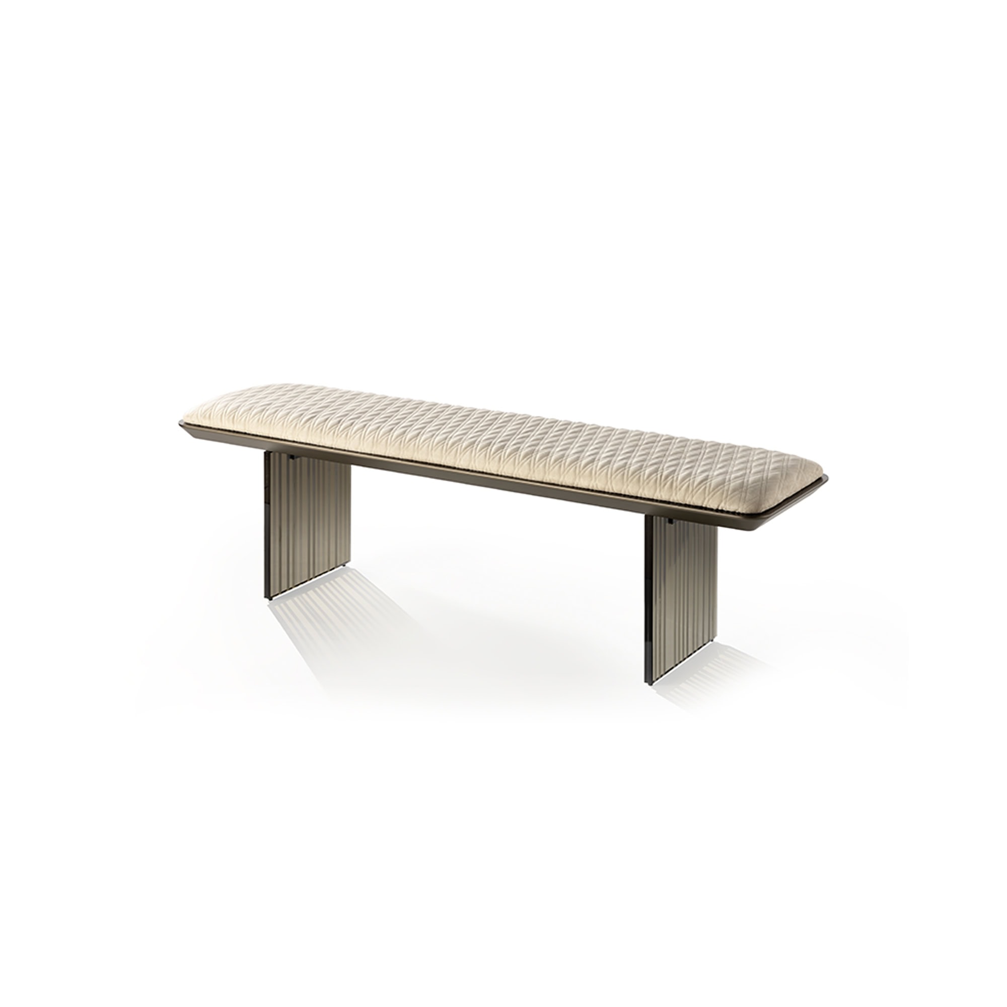 Monolite Glass Leg Bench with quilted upholstered cushion and smoked glass legs, shown against a white background.