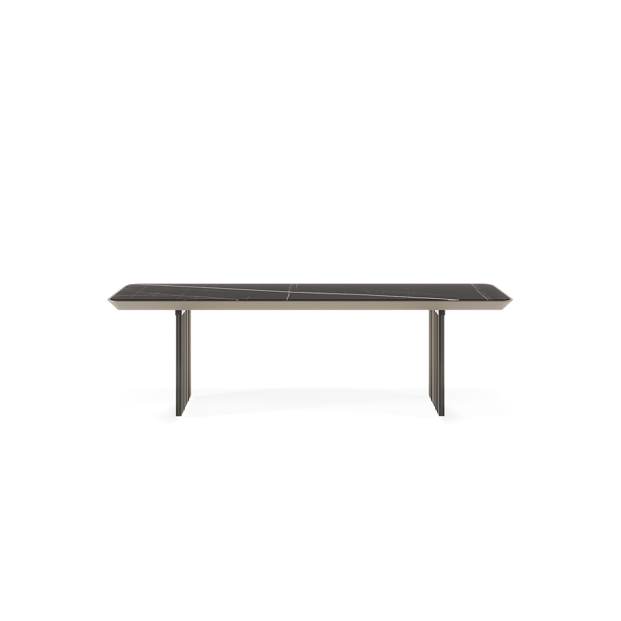 Monolite Glass Leg Bench with a dark wood top and bronze glass legs, captured from the front on a white background.