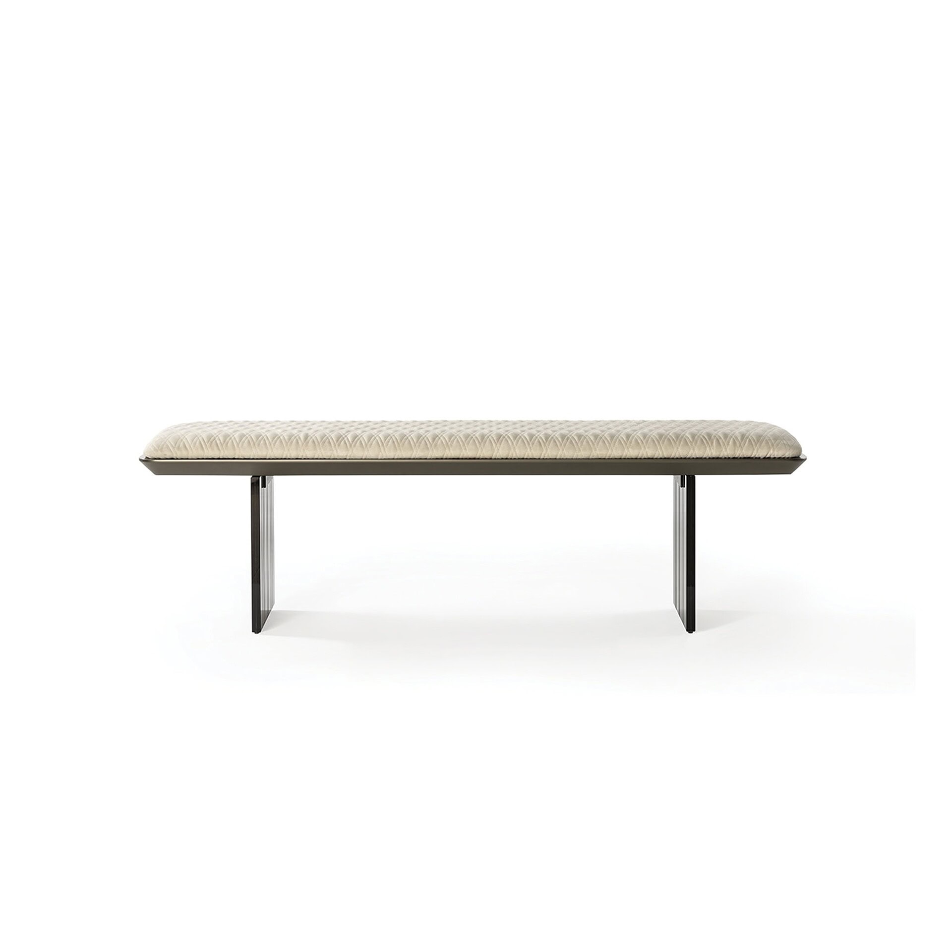 Reflex Monolite Glass-Leg Bench in light upholstery with minimal silhouette