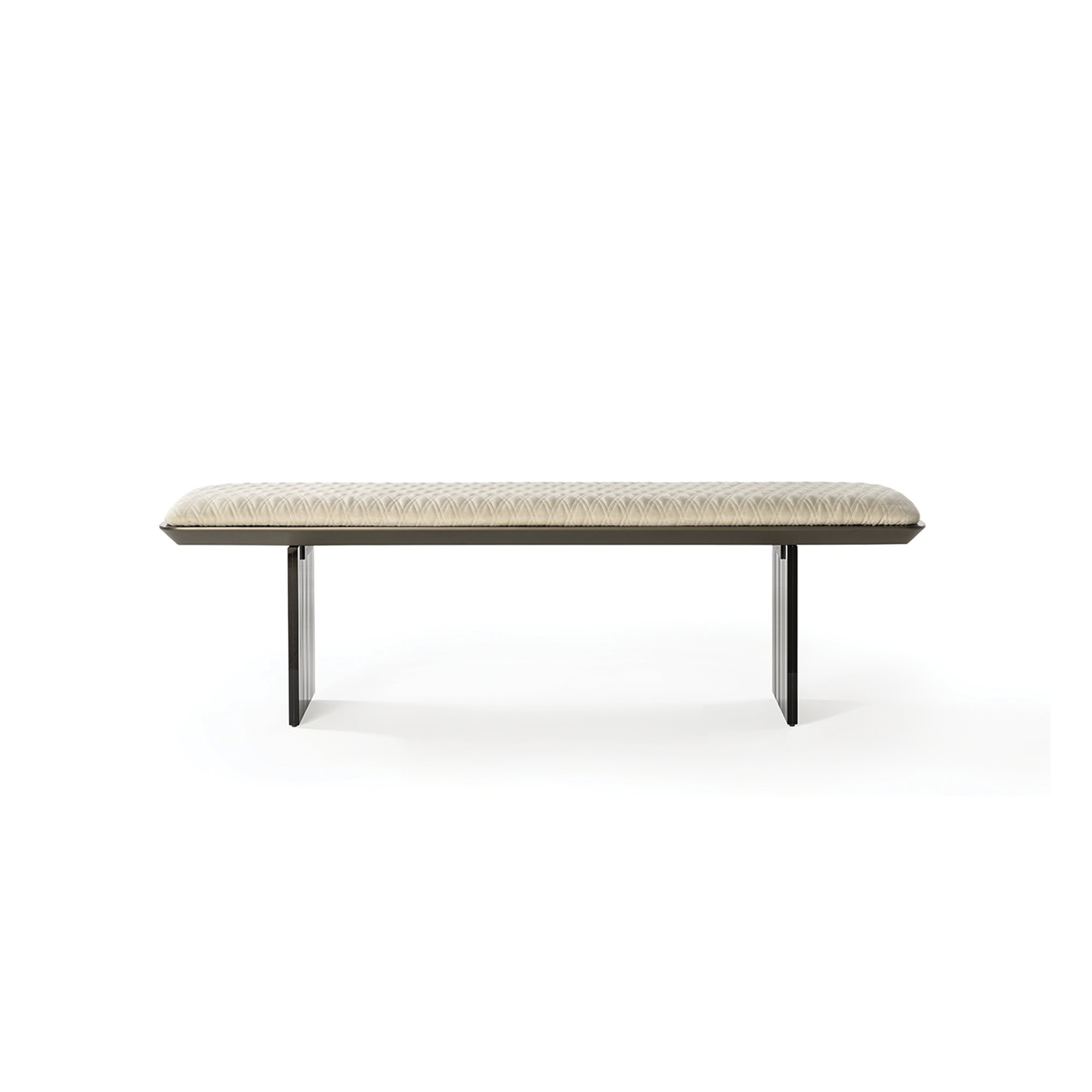 Reflex Monolite Glass-Leg Bench in light upholstery with minimal silhouette