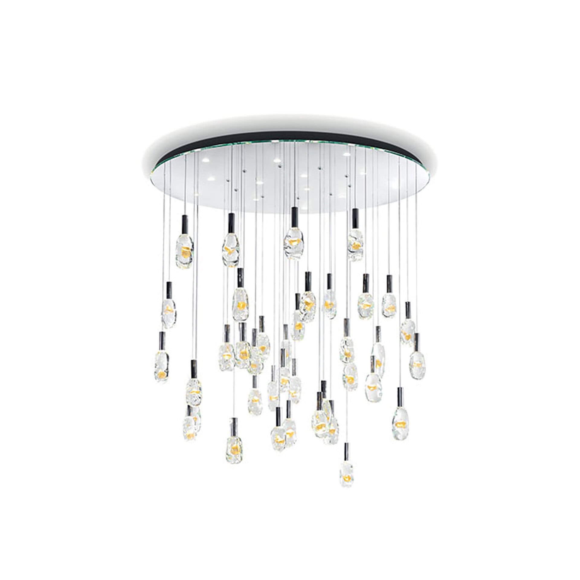 Studio shot of the Sassi Murano Glass Chandelier in a large multi-pendant configuration with clear glass and gold accents suspended from a round ceiling plate.