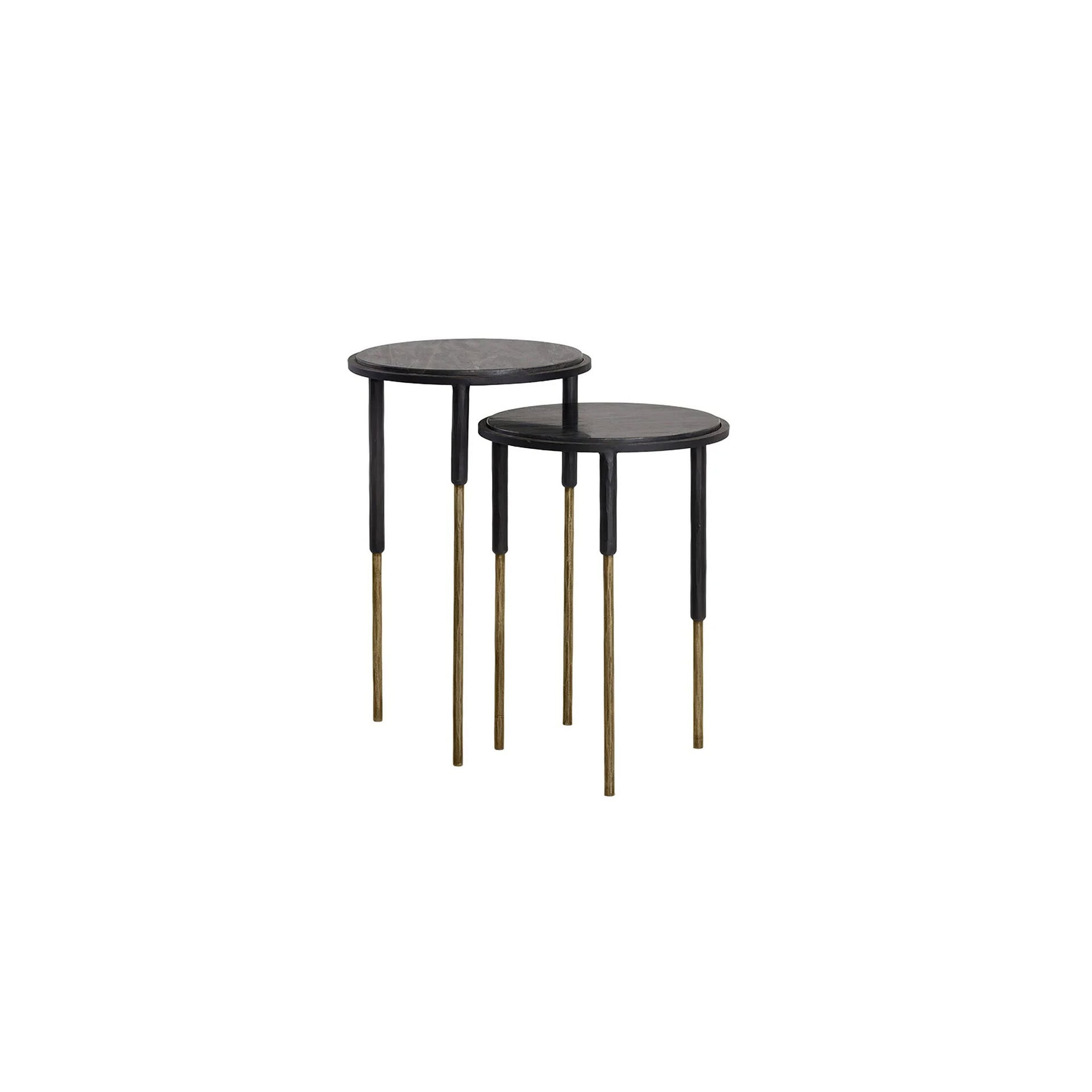 Contemporary black and gold nesting tables with round marble tops for modern living room decor.