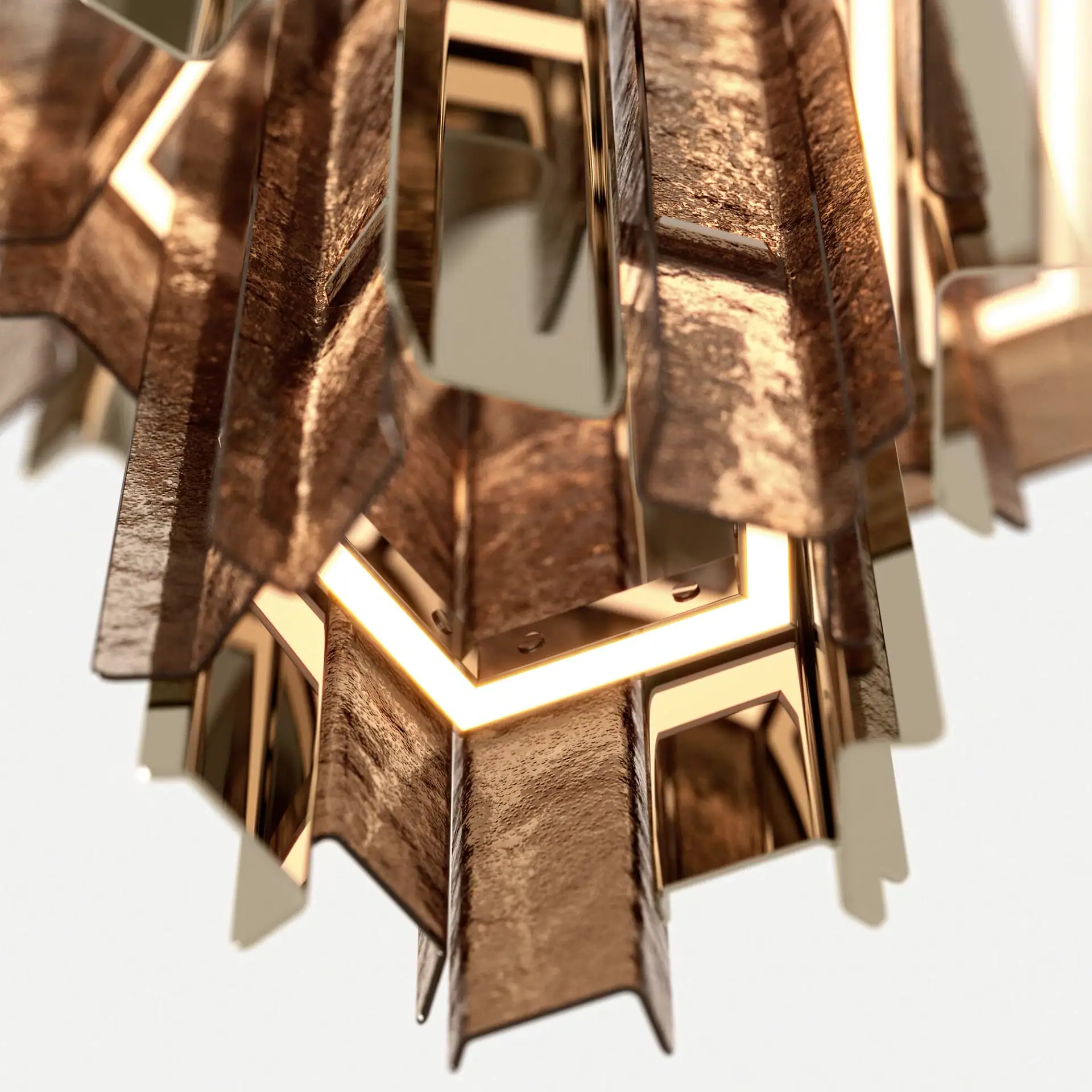 Close-up of cathedral glass chandelier with reflective surfaces and warm lighting.