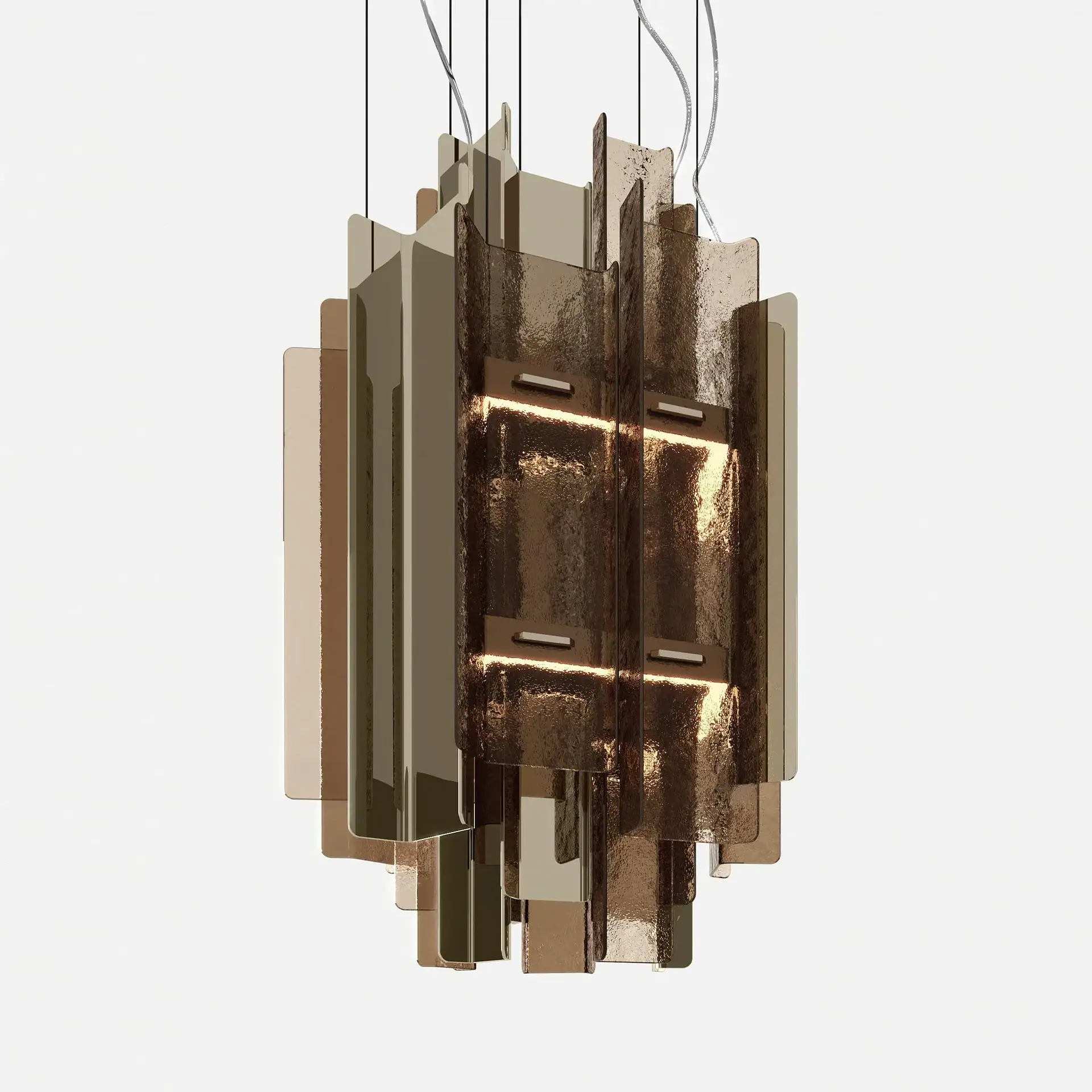 Sklar Furnishings modern chandelier with layered metal panels and warm lighting.