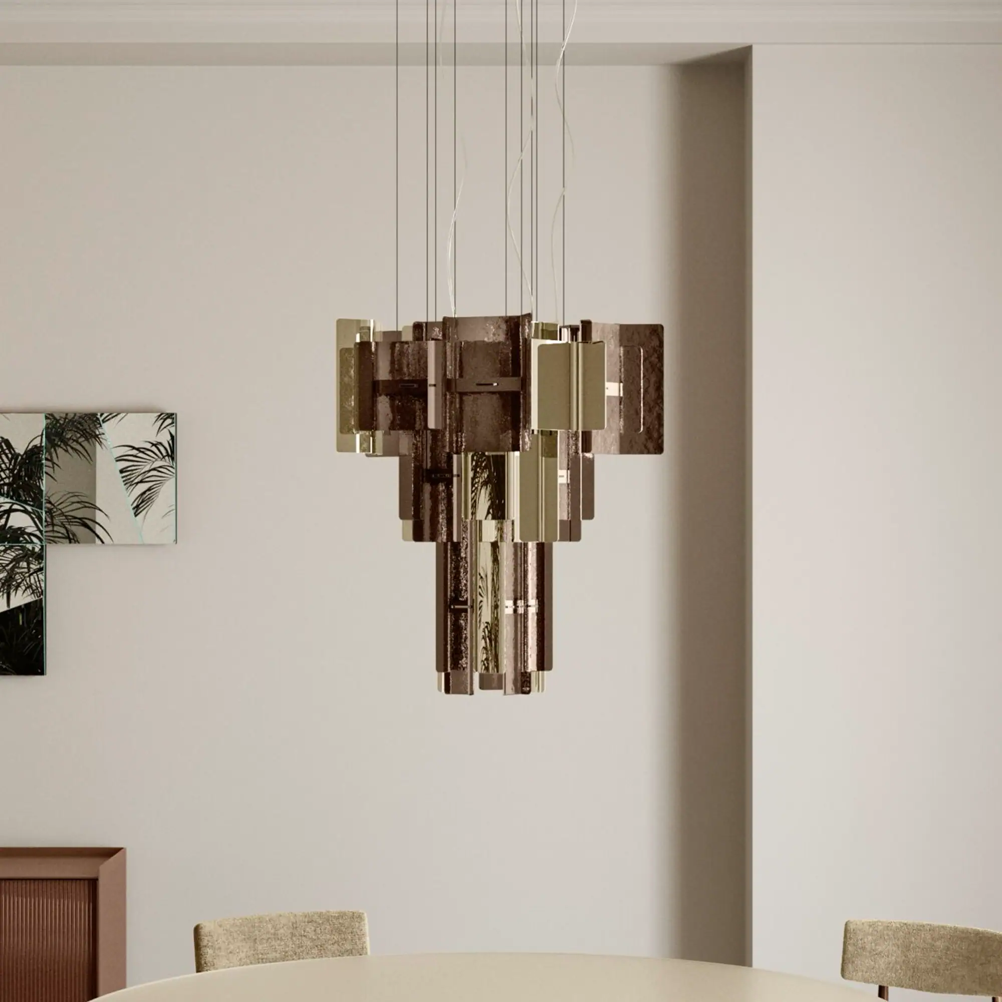 Sklar Furnishings chandelier with geometric design hanging in a modern room.