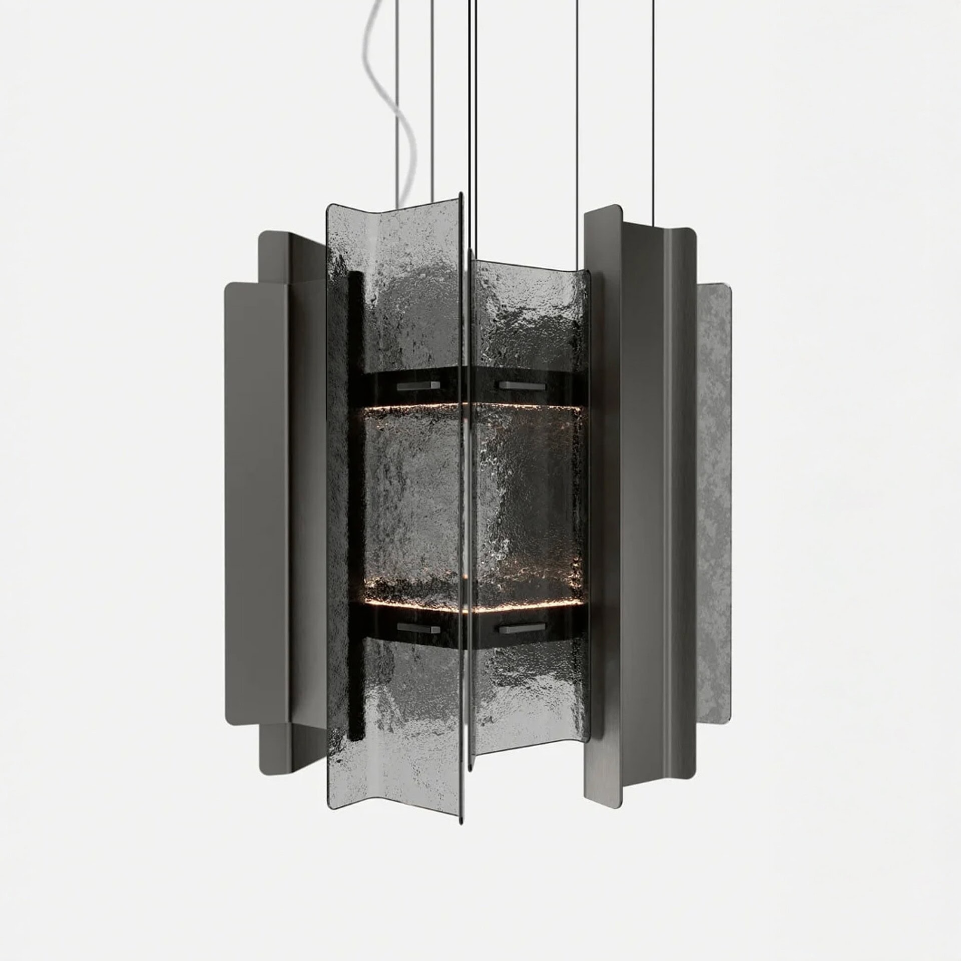 Cathedral Glass Chandelier in smoked glass with Titanio metal finish glowing softly