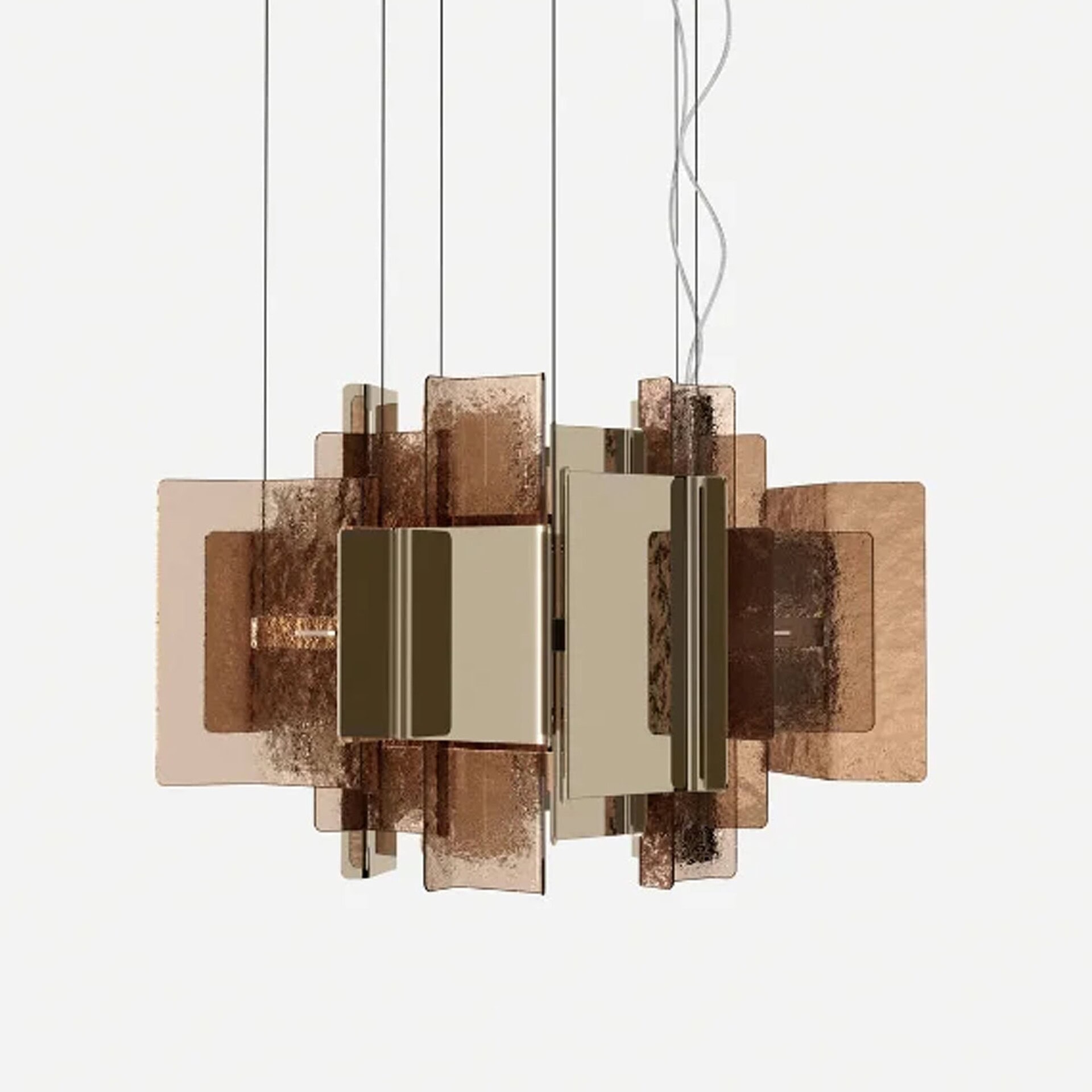 Front view of Cathedral Glass Chandelier with layered bronze glass blades and champagne accents