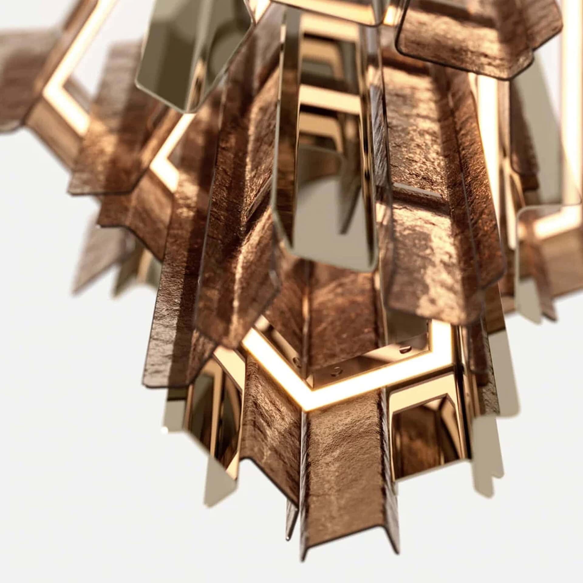 Detail of Cathedral Glass Chandelier showing cascading bronze glass blades glowing with LED light