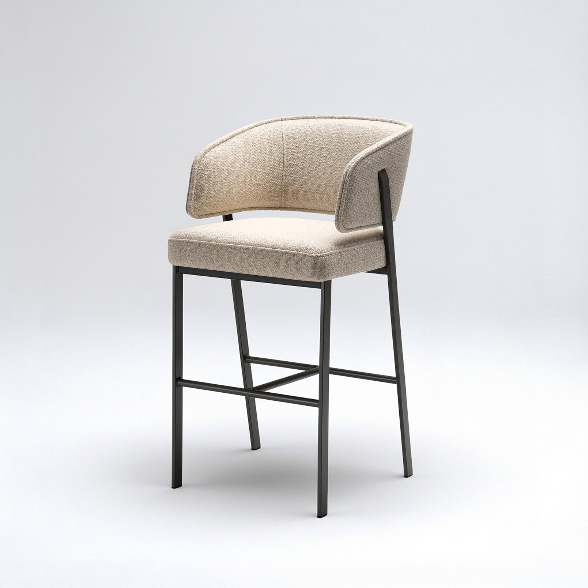 Elegant Madison upholstered bar and counter stool with a beige fabric seat and backrest, featuring a.