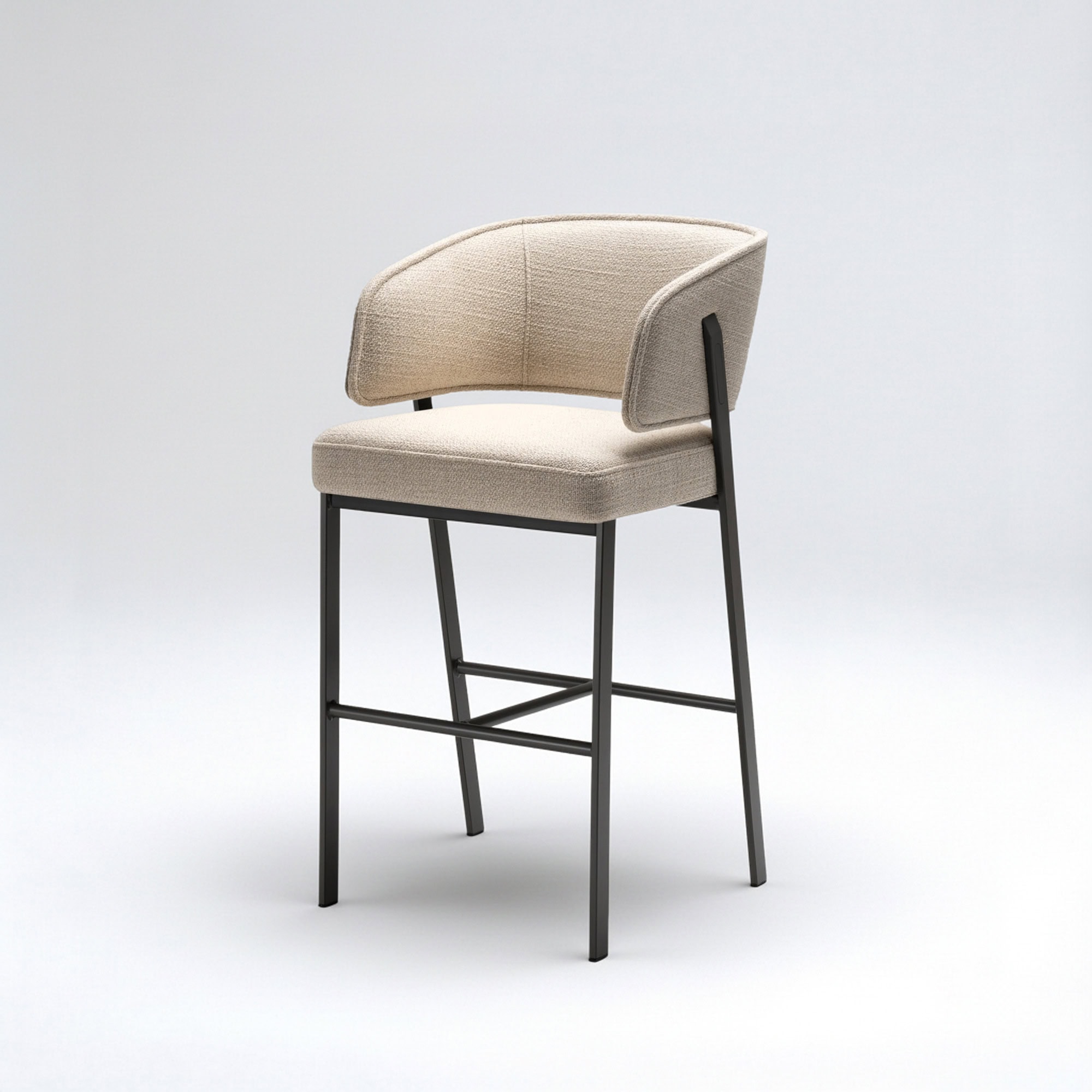 Elegant Madison upholstered bar and counter stool with a beige fabric seat and backrest, featuring a.