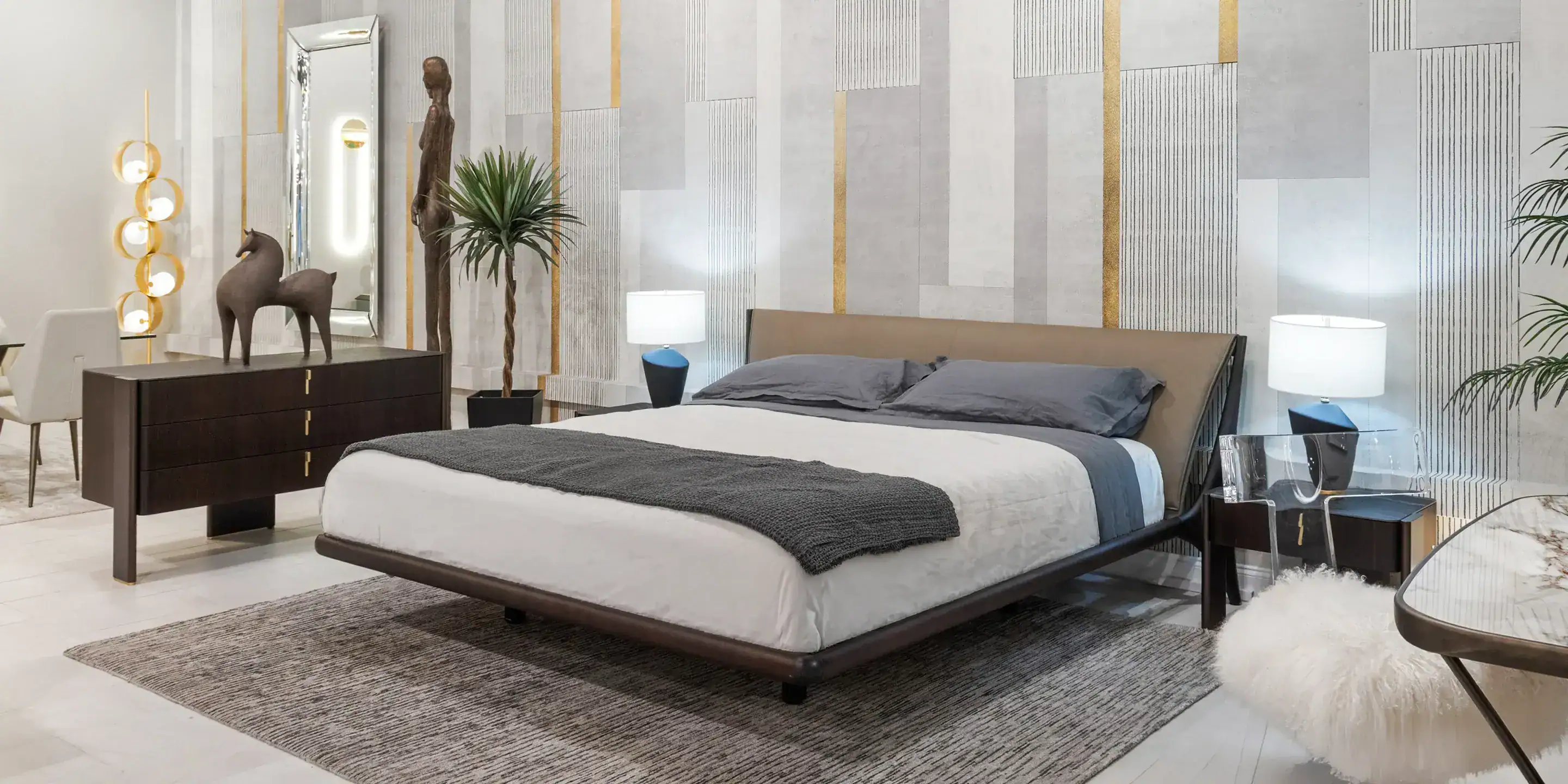 Showroom-Vignette-Bedroom-Cattelan-Italia-Nelson-Bed-1.1 Sleek modern bedroom featuring Sklar Furnishings' contemporary furniture and stylish decor.