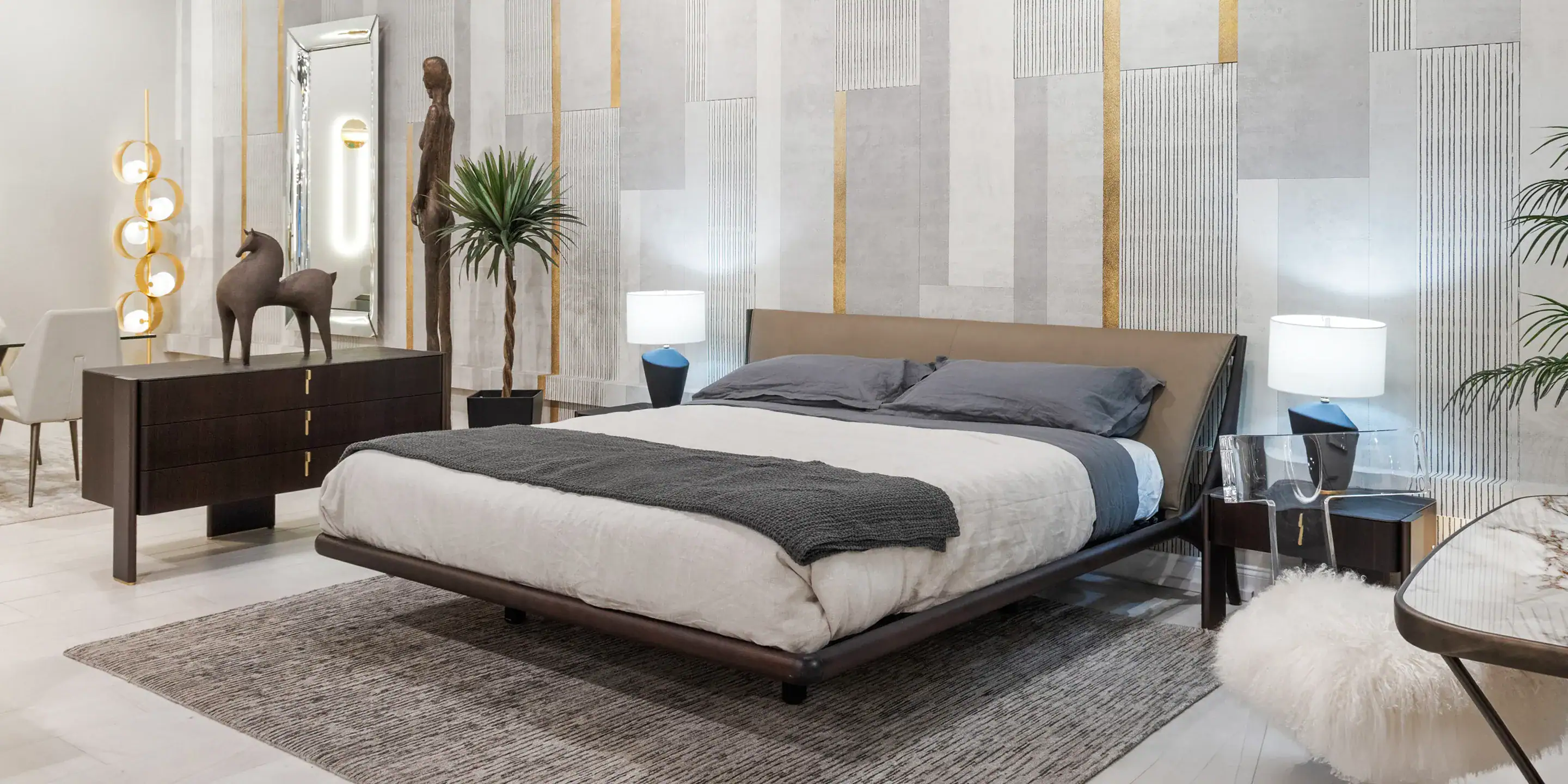 Sleek modern bedroom featuring Sklar Furnishings' contemporary furniture and stylish decor.