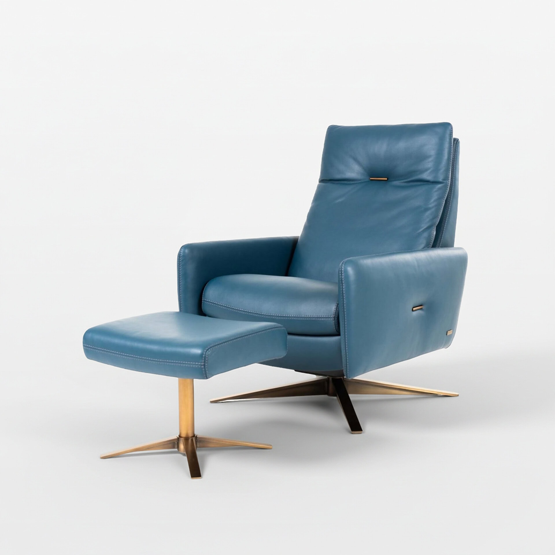 Recliner chair with air comfort features in blue leather upholstery.
